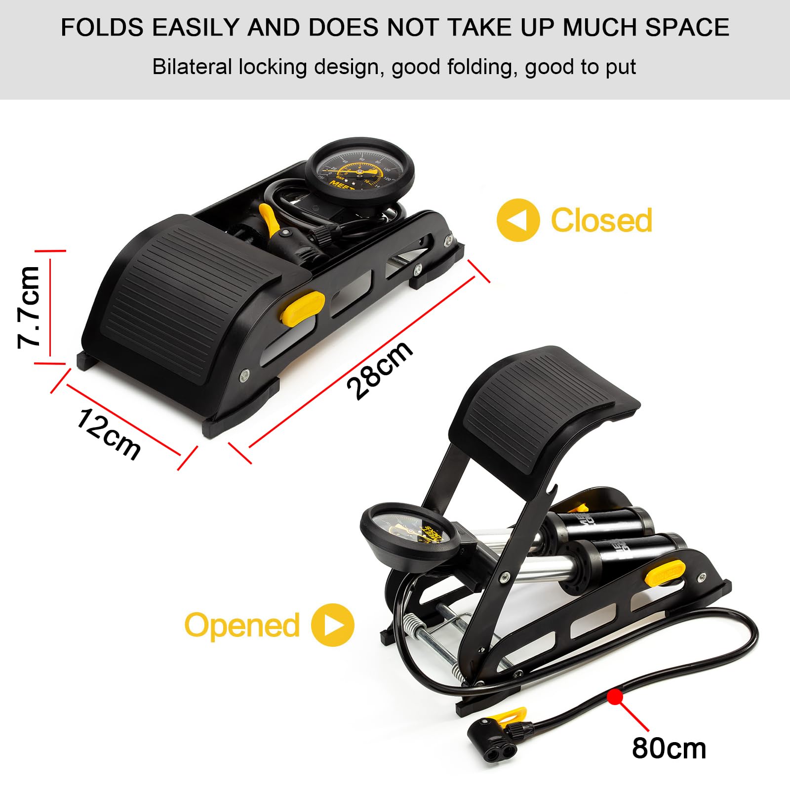 MEETLOCKS Double Cylinder Barrel Bike Foot Pump,160PSI Aluminum Body Floor Air Pump with Precisional Accurate Pressure Gauge Smart Valve Head for Presta Schrader & Deutschland Valve Bicycle Tire Pumps