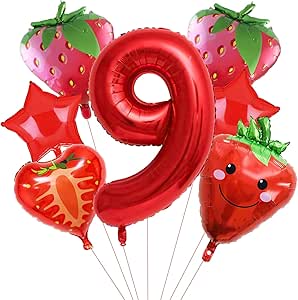 7pcs Strawberry Foil Balloons - Red Fruit Balloons For Party Decorations