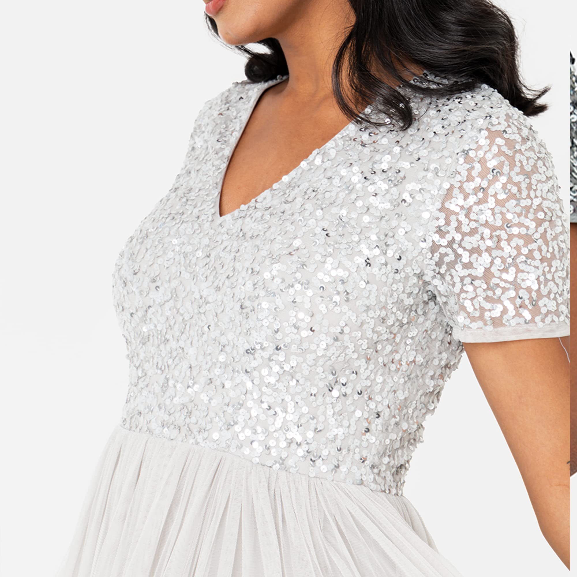 Maya Deluxe Abendkleid mit Pailletten Cocktailkleid Damen mit V-Ausschnitt Tüllkleid Grau Größe 36 – Bild 3