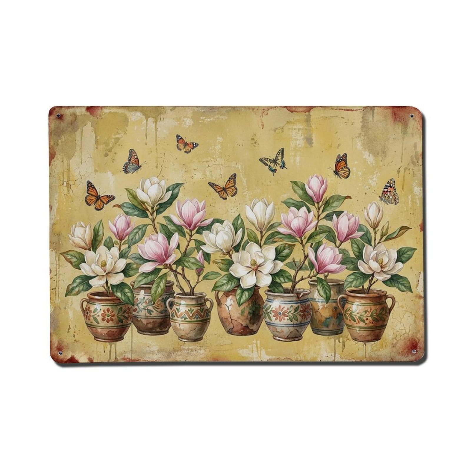 Vintage Rustic Flower Potted Plants Magnolia Metal Tin Sign