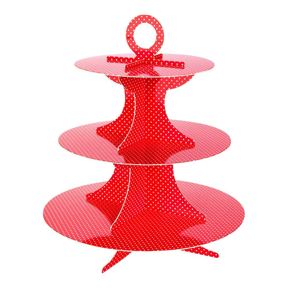 Restaurantware3 Tier Cardboard Cupcake Stand - Red with White Polka Dots - Cupcake Holder - Pastry Display - 13 1/2" x 13 1/2" x 14" - 1ct Box - Pastry Tek
