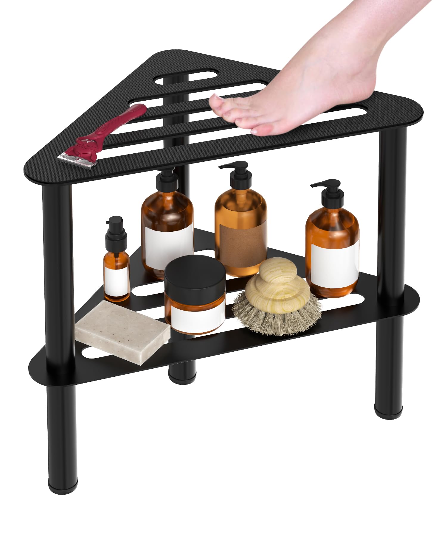 Taburete de ducha esquinero de metal, resistente al agua e inoxidable, banco de ducha de doble capa para colocar las piernas, taburete de baño, escalón de spa, taburete pequeño (luz negra)