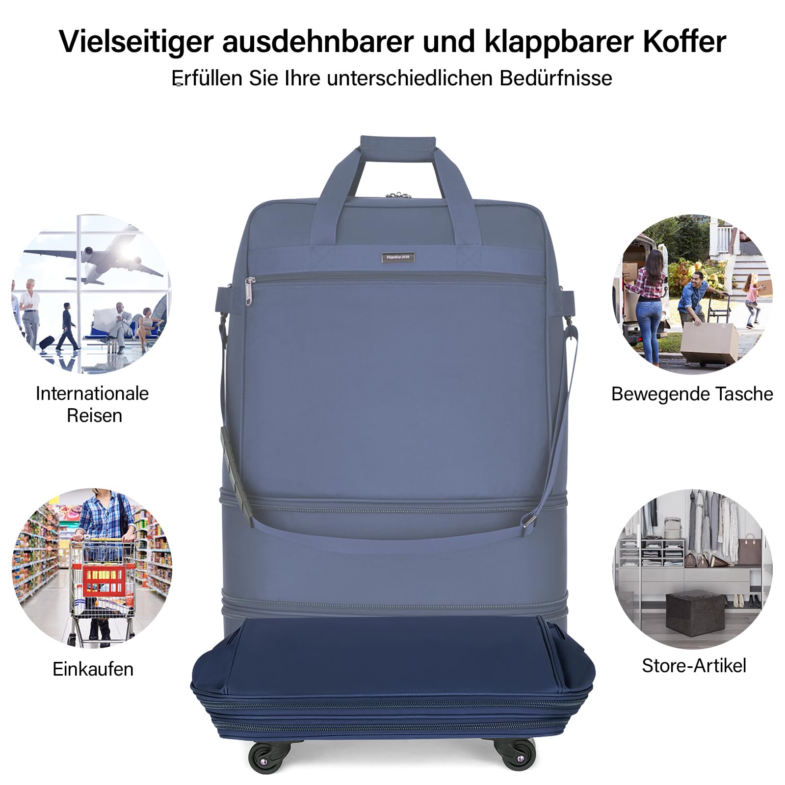 Hanke Faltbarer Reiseduffel mit Rollen Leichter Expandierbarer Reisekoffer im Platzsparenden Ohne Ausfahrbare Griffstange, Blau