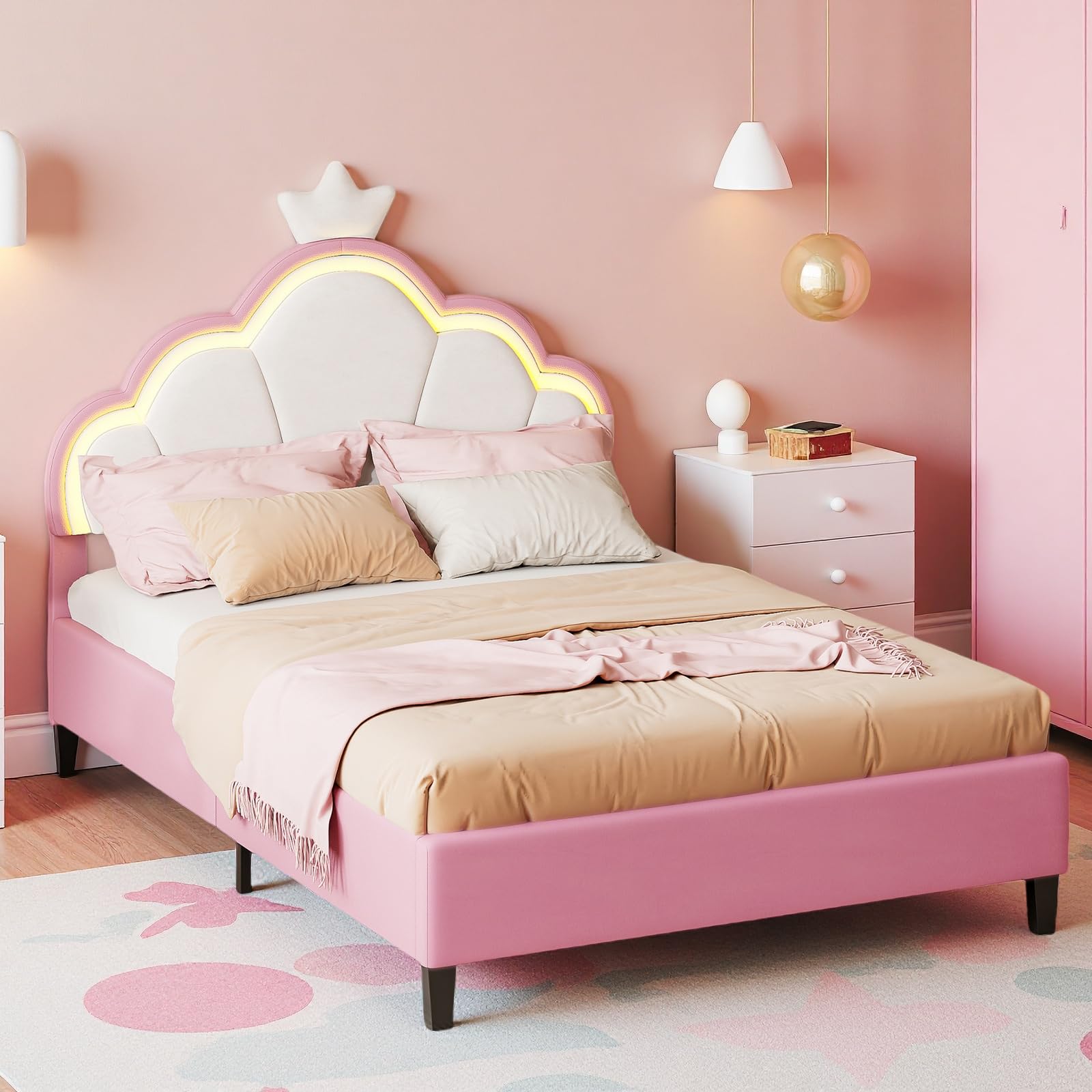 Kinderbett Polsterbett 90x200 cm, LED Einzelbett für Mädchen mit Kronen-Design und verstellbarem Kopfteil, gemütliches Samtbett für fantasievolle Kinderzimmer (90x200cm)