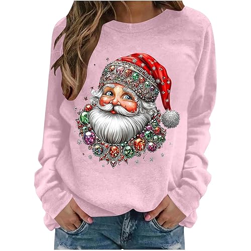 Christmas Sweatshirts for Women Santa Graphic Print Shirt Crewneck Long Sleeve Sweatshirts Xmas Fashion Pullover Tops