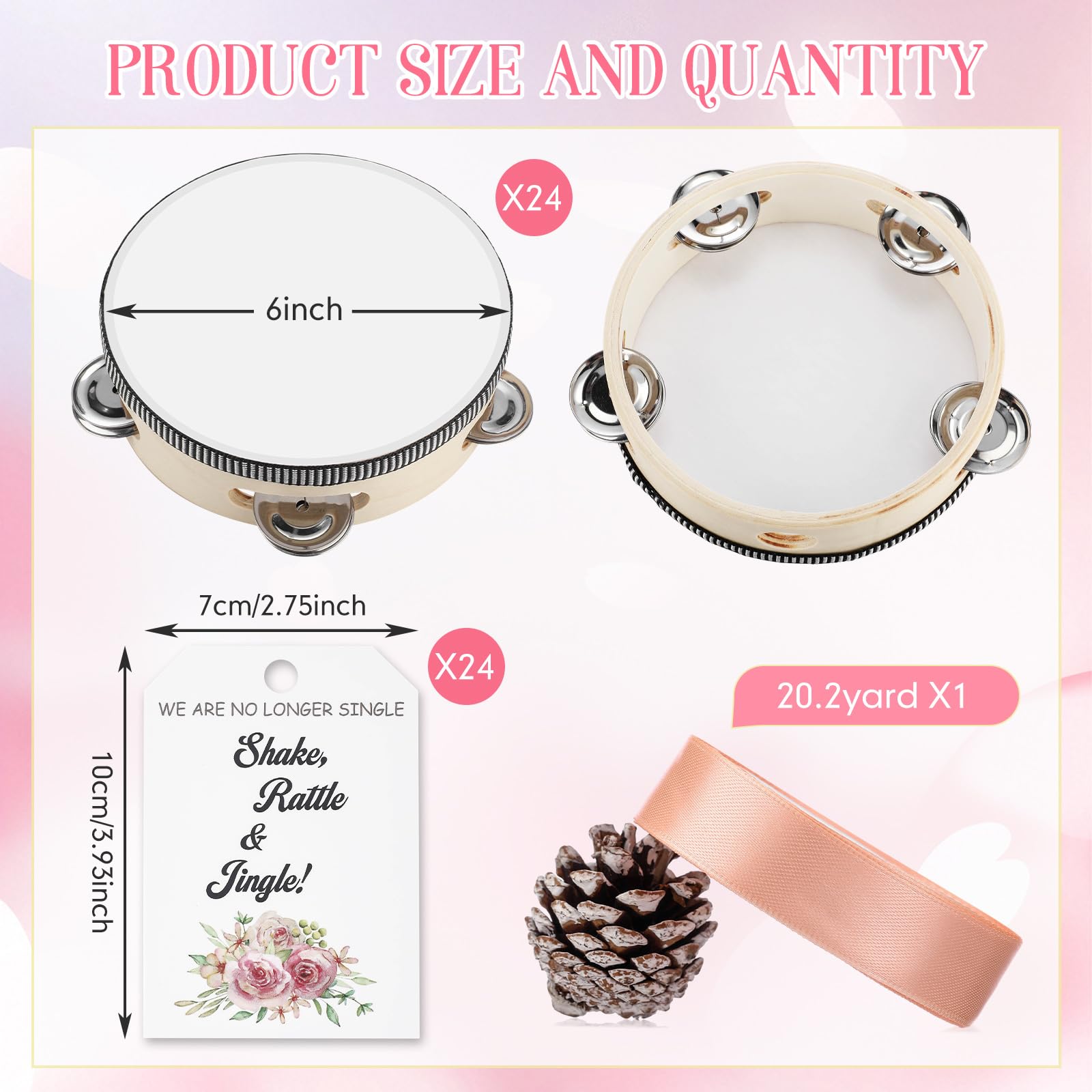 Set di 24 tamburelli da 15,2 cm, per adulti, in legno, con sonagli in metallo, etichette regalo, nastro beige, strumento musicale a percussione per chiesa, matrimoni, bomboniere