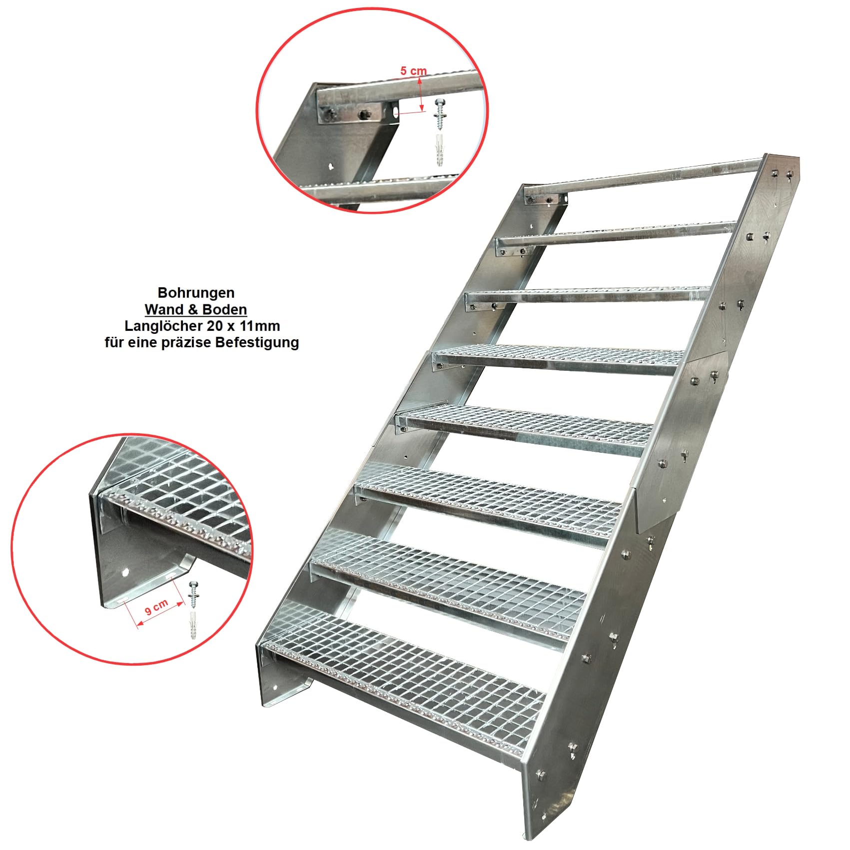 Nazwa artykułu: Premium stalowe schody policzkowe, w całości ocynkowane, z poręczą po prawej stronie, 17 stopni ocynkowanych (szerokość 60 cm) (wysokość 323 cm), schodki zewnętrzne, schodki kratowe