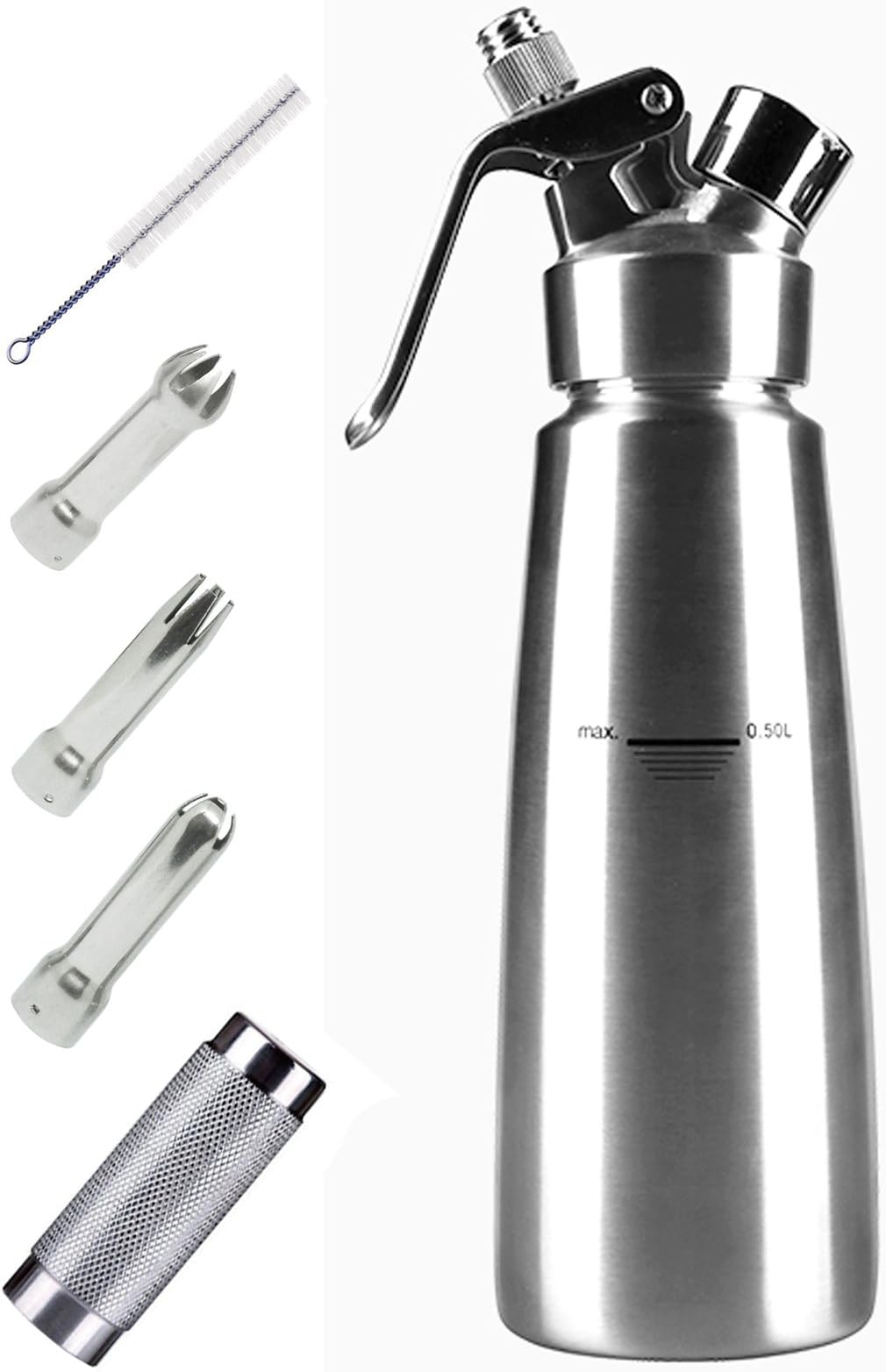 Siphon Whipper Cream Stainless Steel 0.5 Liter with 3 Decorating Nozzles (N20 not Included)
