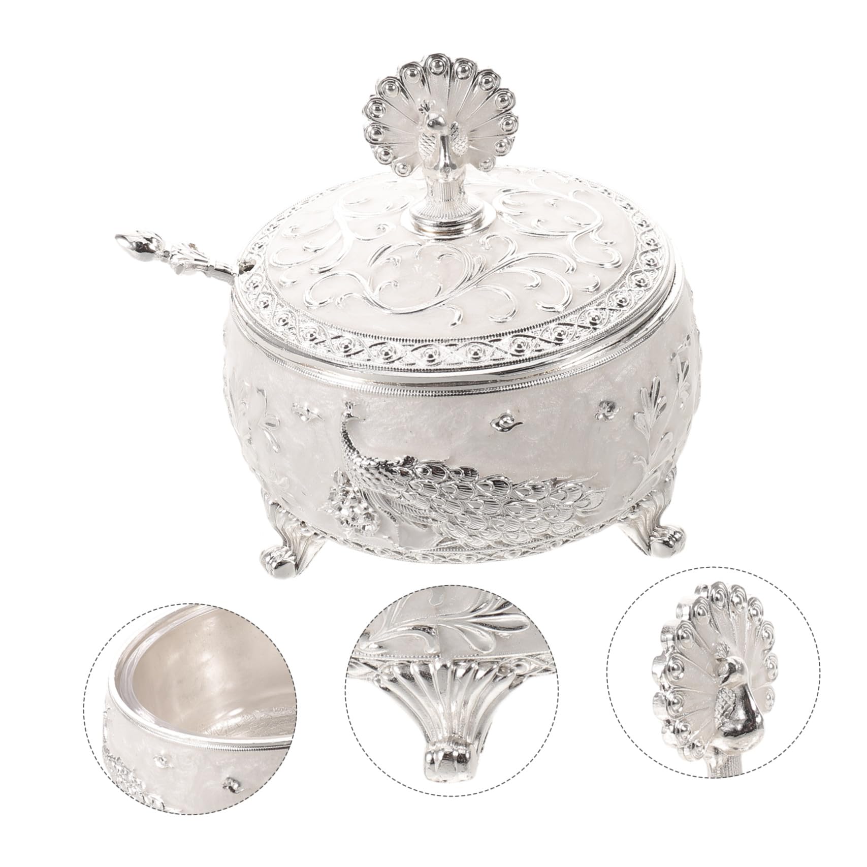 Zuccheriera da Cucina in Lega e Vetro con Coperchio e Cucchiaino, Design retrò Raffinato a Forma di Pavone, Facile da Pulire con Apertura per Piano Cucina