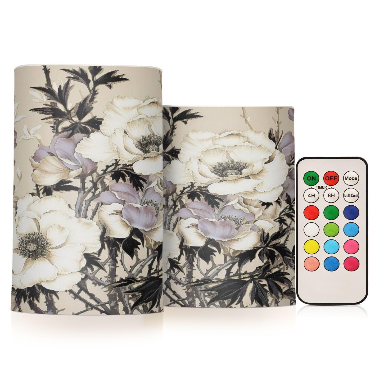 ALAZA Purple White Flowers Flickering Flameless Candles Battery Operated with Remote Timer,Tea Light Candles LED Pillar Votive Candles Set of 2 for Outdoor Indoor Decorations