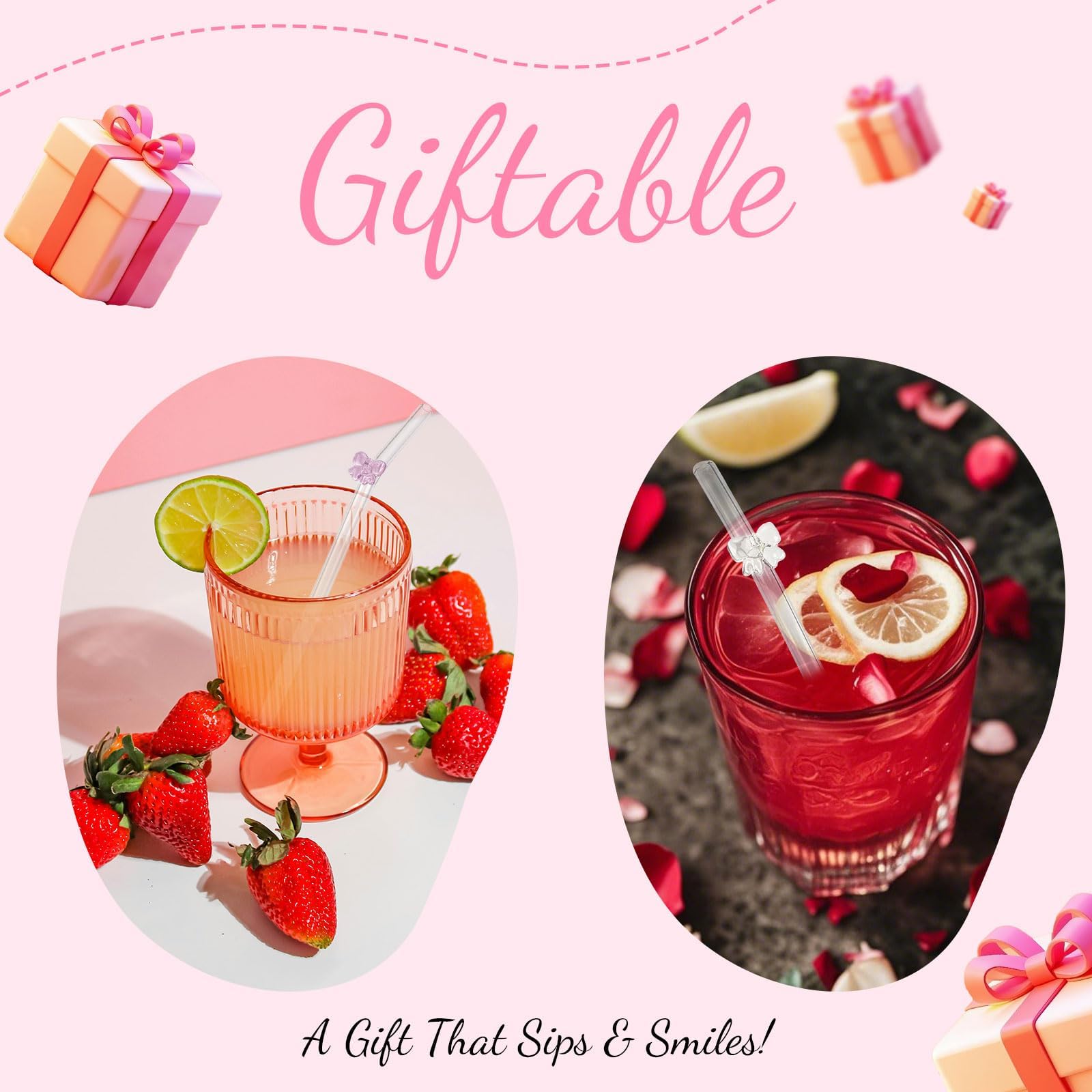 Pailles En Verre Réutilisables Noël - Lot De 4 Avec Motifs Festifs Et Brosse De Nettoyage