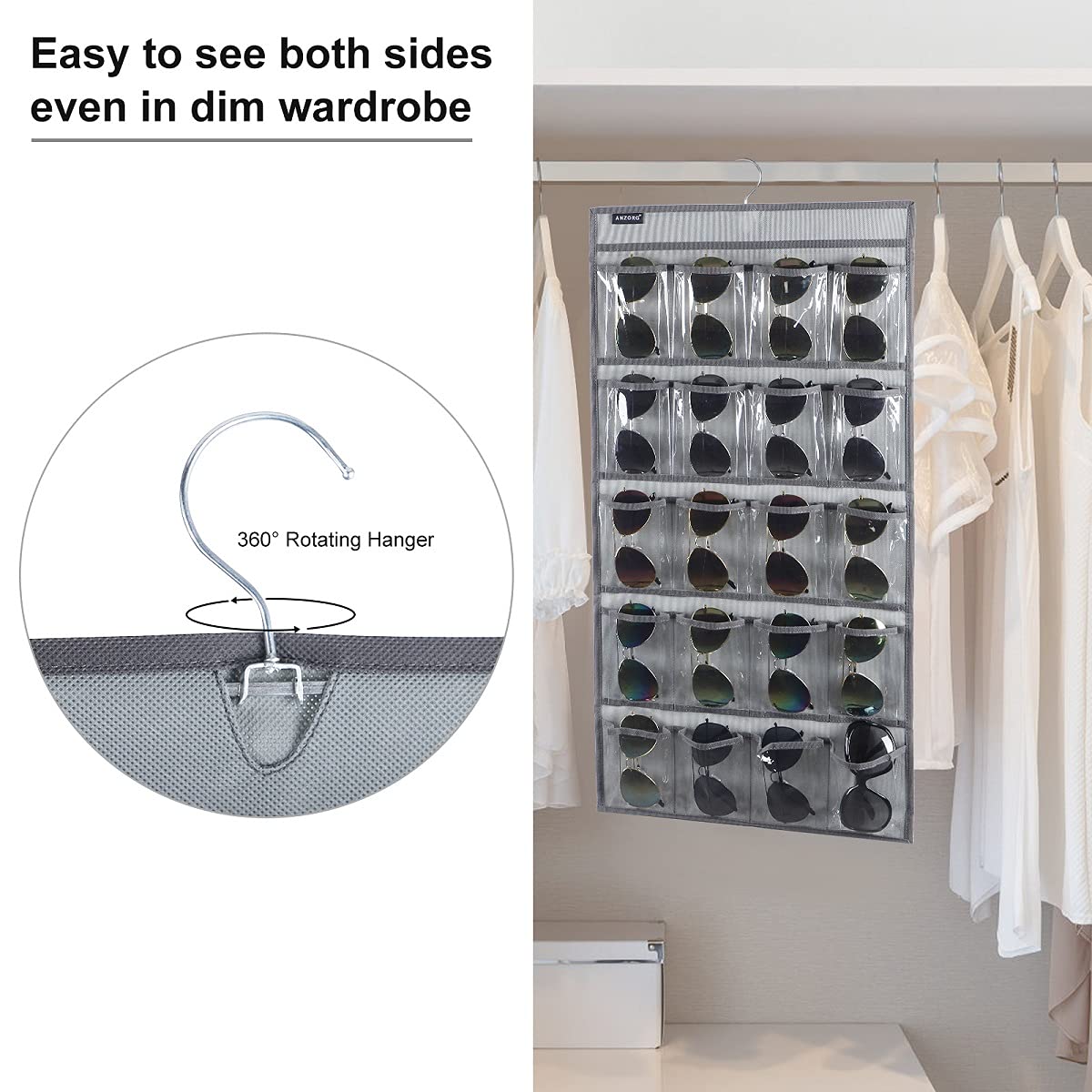 Over the Door Hanging Sunglasses Organizer Storage Sunglass Rack Holder Eyewear Display Case with 16 Clear Pockets