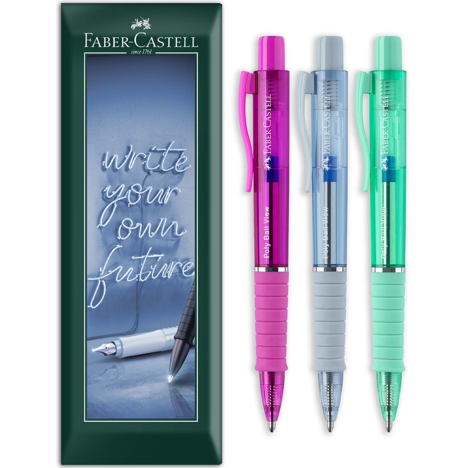 Faber-Castell Poly Ball View XB Ballpoint Pen - Retractable & Refillable - Extra Broad Nib Width - Aurora Coloured Triangular Barrels, Blue Ink - Pack of 3 Pens in Envelope Gift Packaging