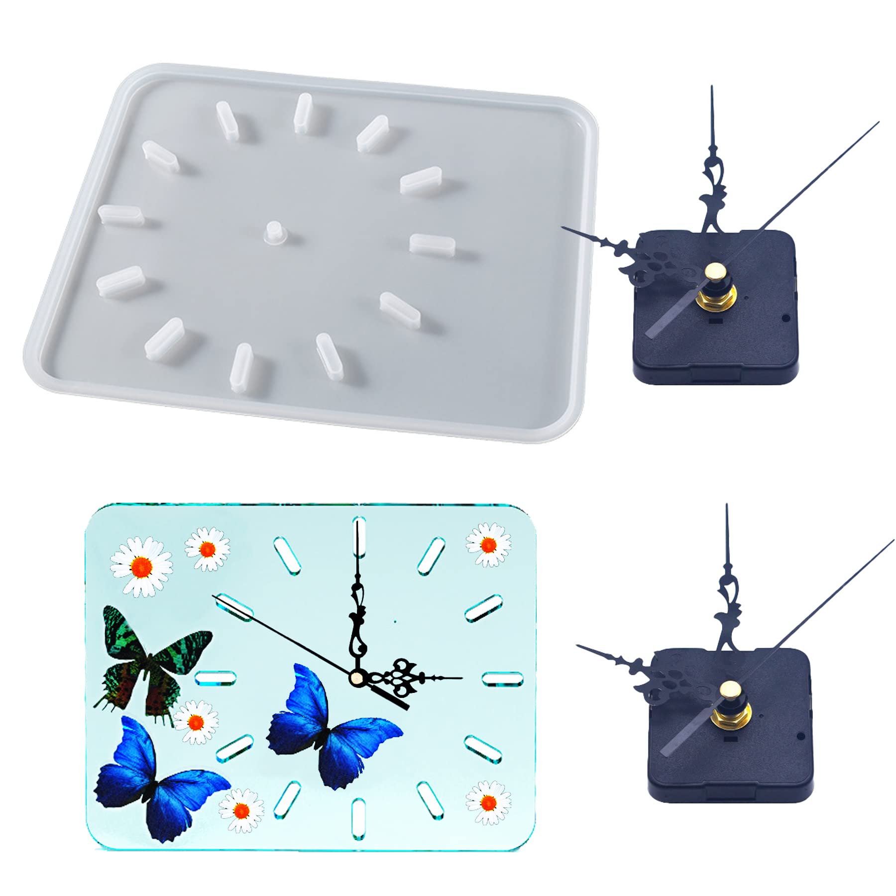 Woohome Clock Silicone Resin Mould, Rectangle Clock Silicone Molds Epoxy with Clock Hands, Clock Molds for Resin, DIY Wall Clack Art Decoration