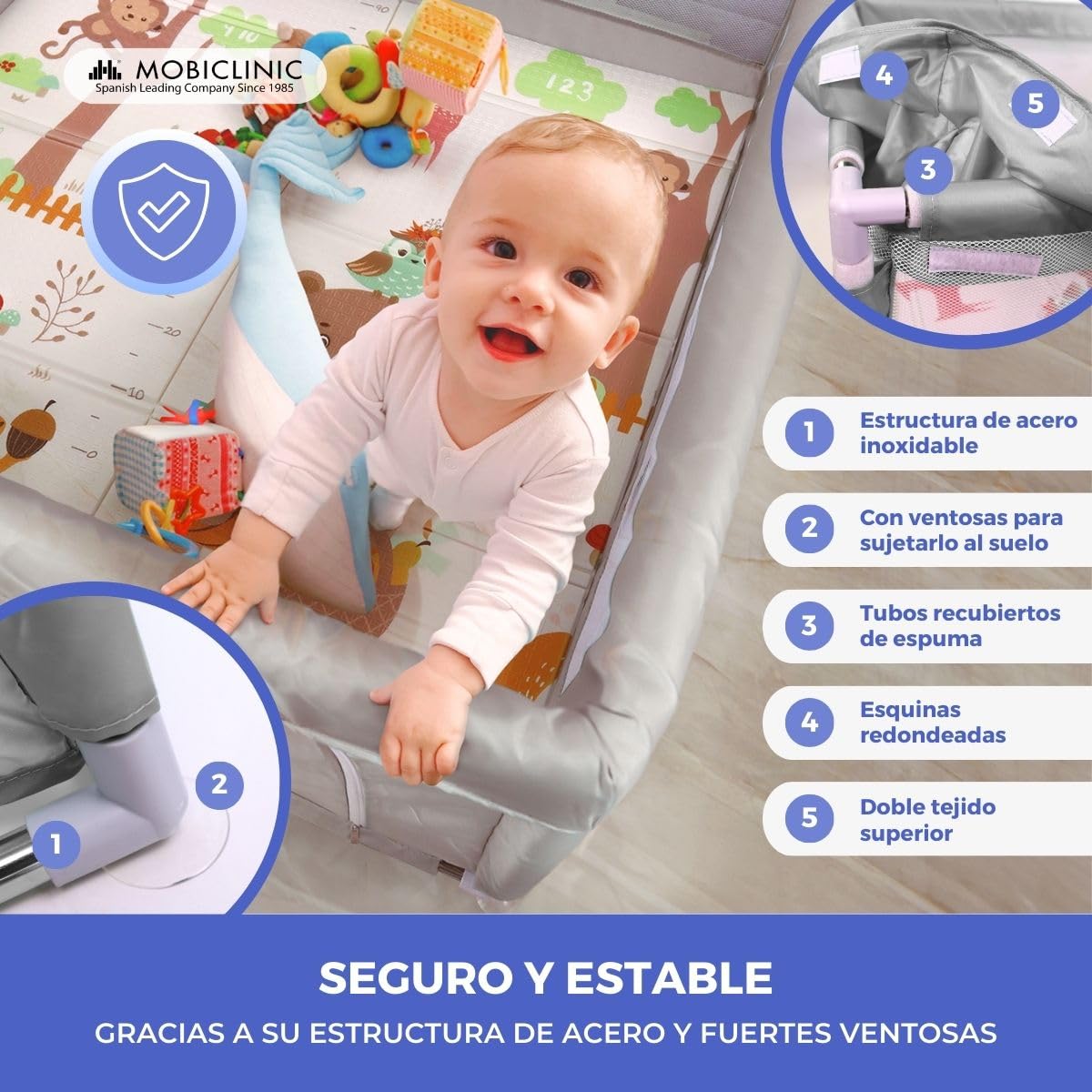 Mobiclinic®kids, Parque infantil bebe + alfombra de juegos reversible, Plegable, 125x125cm, Bolsa transporte, Transpirable, Happyland, Tejido lavable, Agarraderas, Corralito bebé (gris)