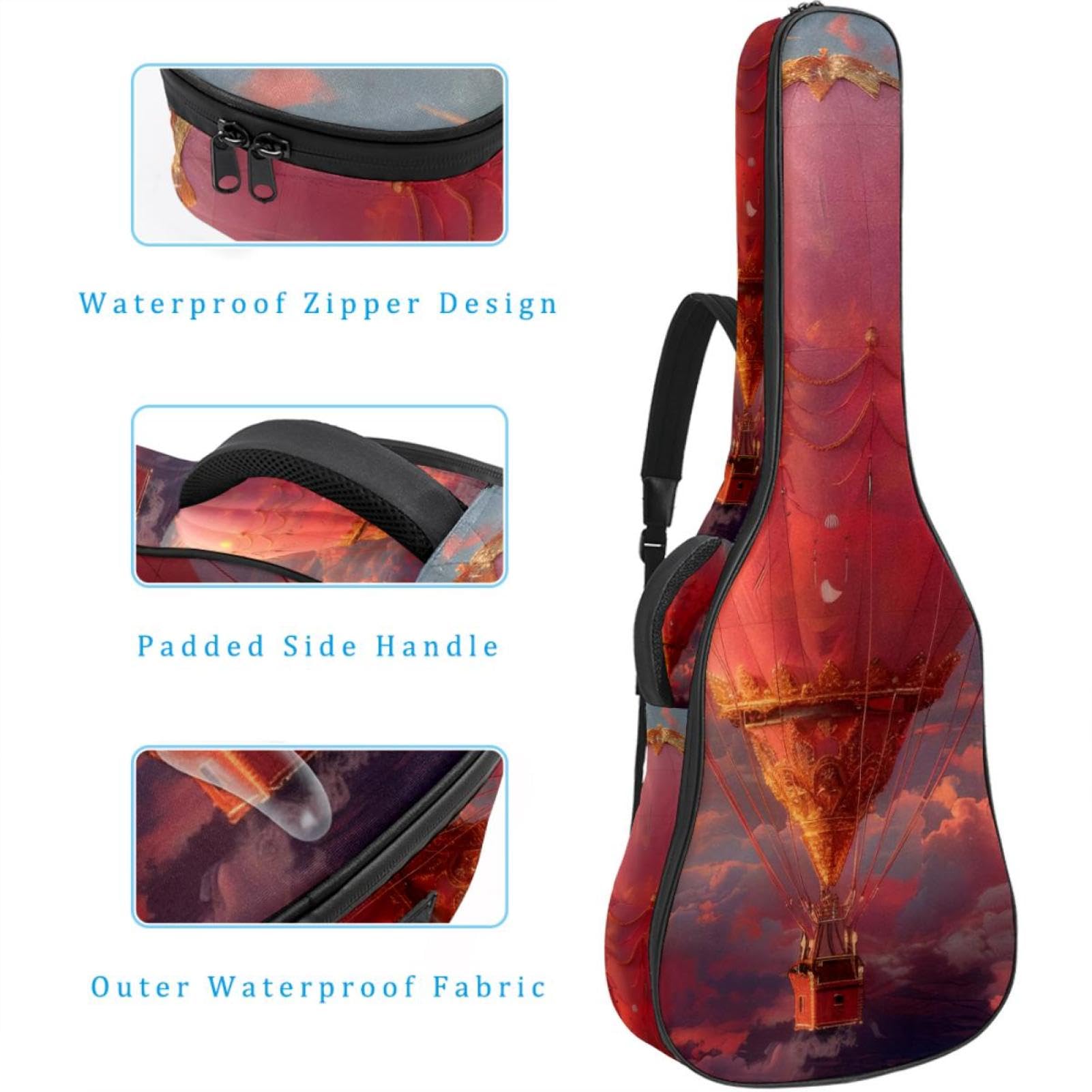 Custodia per chitarra acustica, impermeabile, adatta per chitarra da 40/41/42 pollici, grande borsa universale per chitarra con strato protettivo, tasche multiple, motivo con mongolfiera rosa,