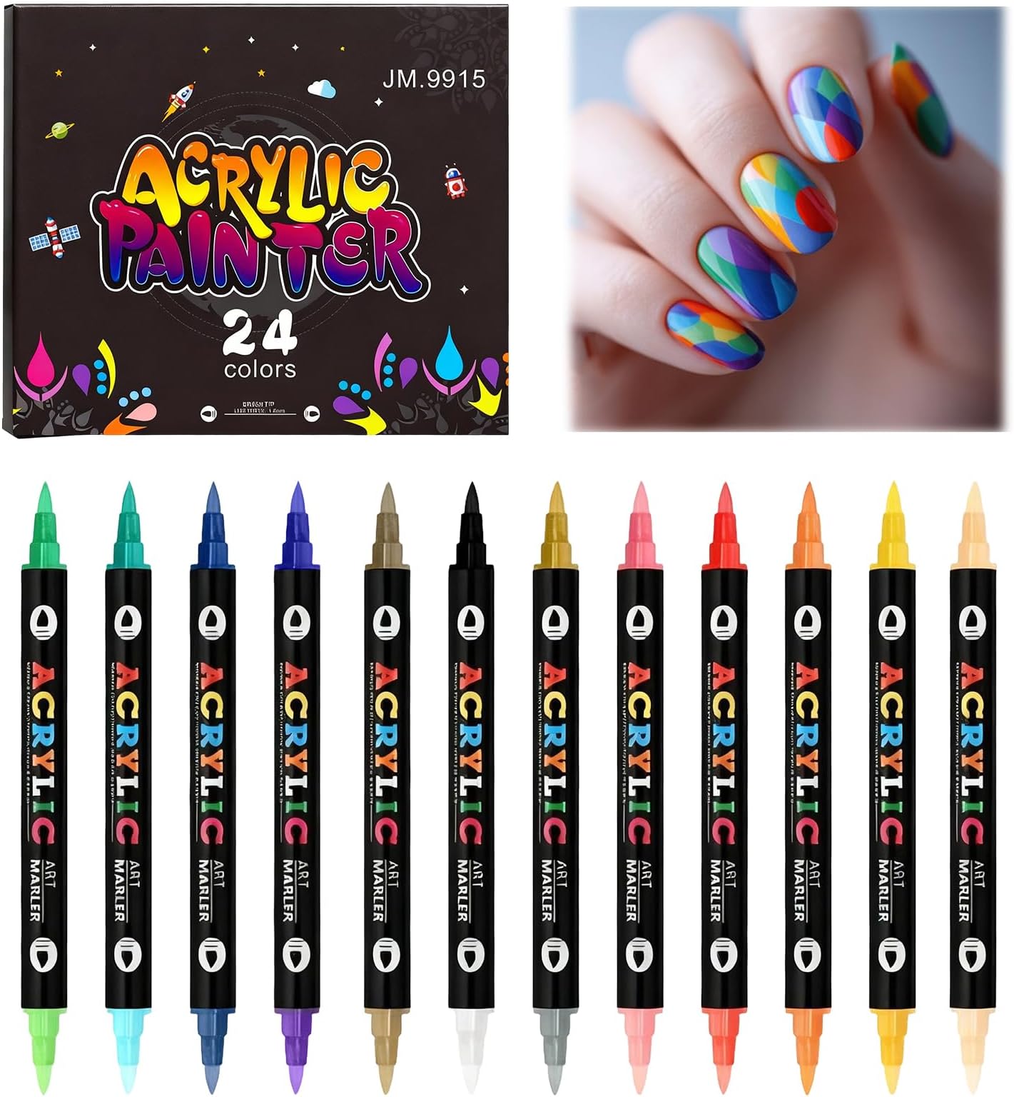 12pcs 24 Colors 3D Nail Art Pens Set, Dual Tip Nail Polish Pens 0.5mm Fine Tip & Brush Nail Graffiti Drawing Pen Quick Dry Waterproof Nail Art Markers Painting Manicure Tools DIY for Women Girls