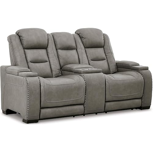 Signature Design by Ashley The Man-Den Leather Power Reclining Loveseat with Center Console, Adjustable Headrest & Wireless Charging, Gray