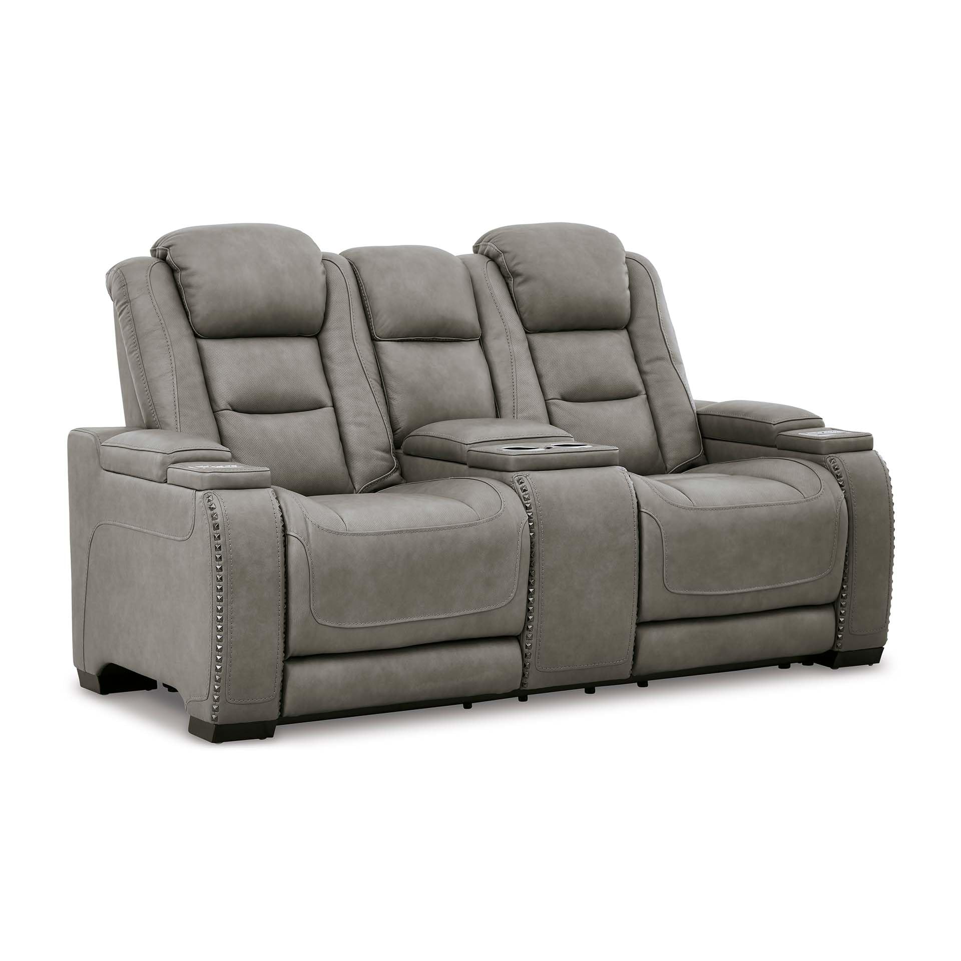 Signature Design by Ashley The Man-Den Leather Power Reclining Loveseat with Center Console, Adjustable Headrest & Wireless Charging, Gray