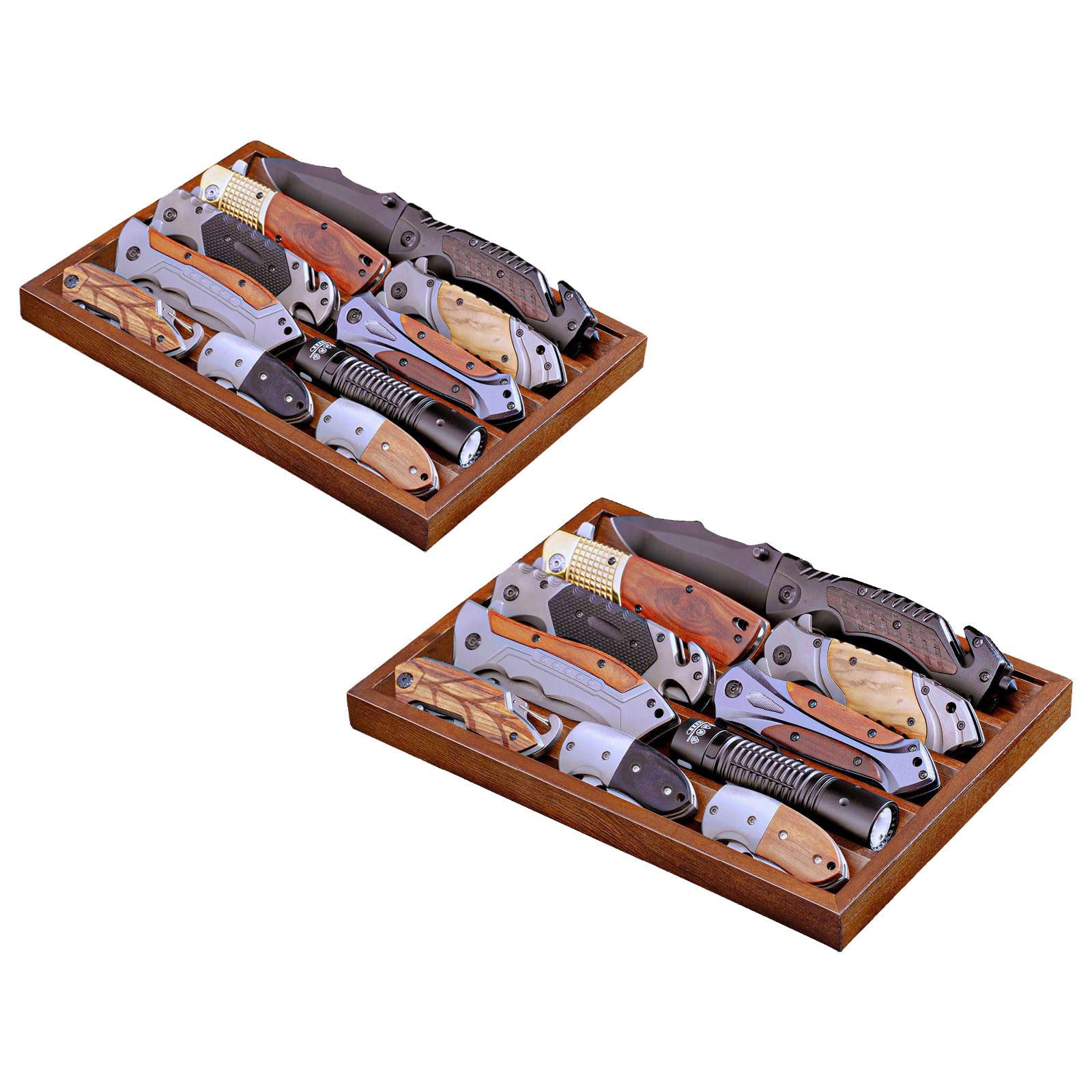 Large Pocket Knife Organizer &amp; Display Holder, Wooden EDC Tray for Folding Knives, Flashlights &amp; Challenge Coins (Walnut, 2 Pack)