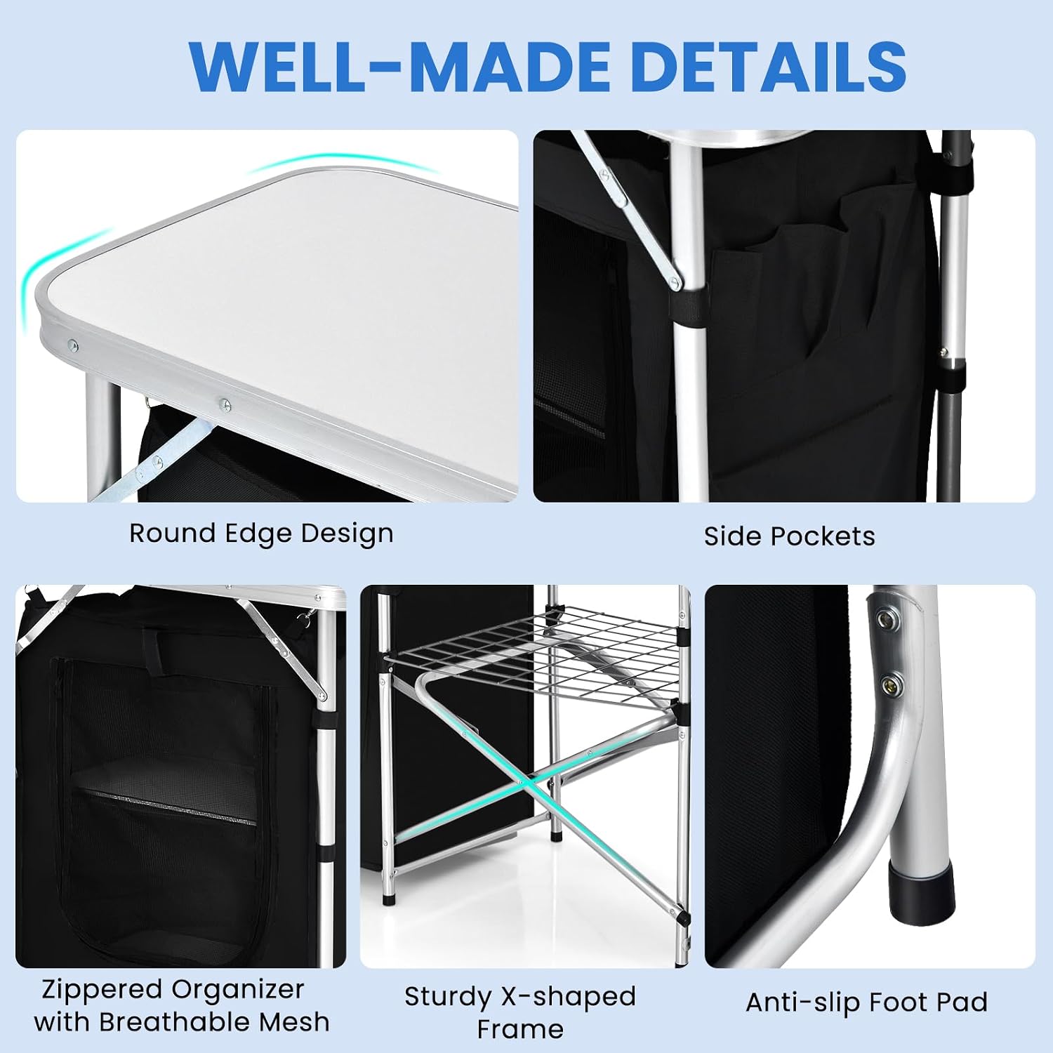 KOTEK Camping Kitchen Table, Folding Camp Kitchen Table with Detachable Windscreen, Grid Shelf, Storage Cupboards & Carry Bag, Outdoor Cooking Station for Backyard BBQ, Picnic, Party (Black)