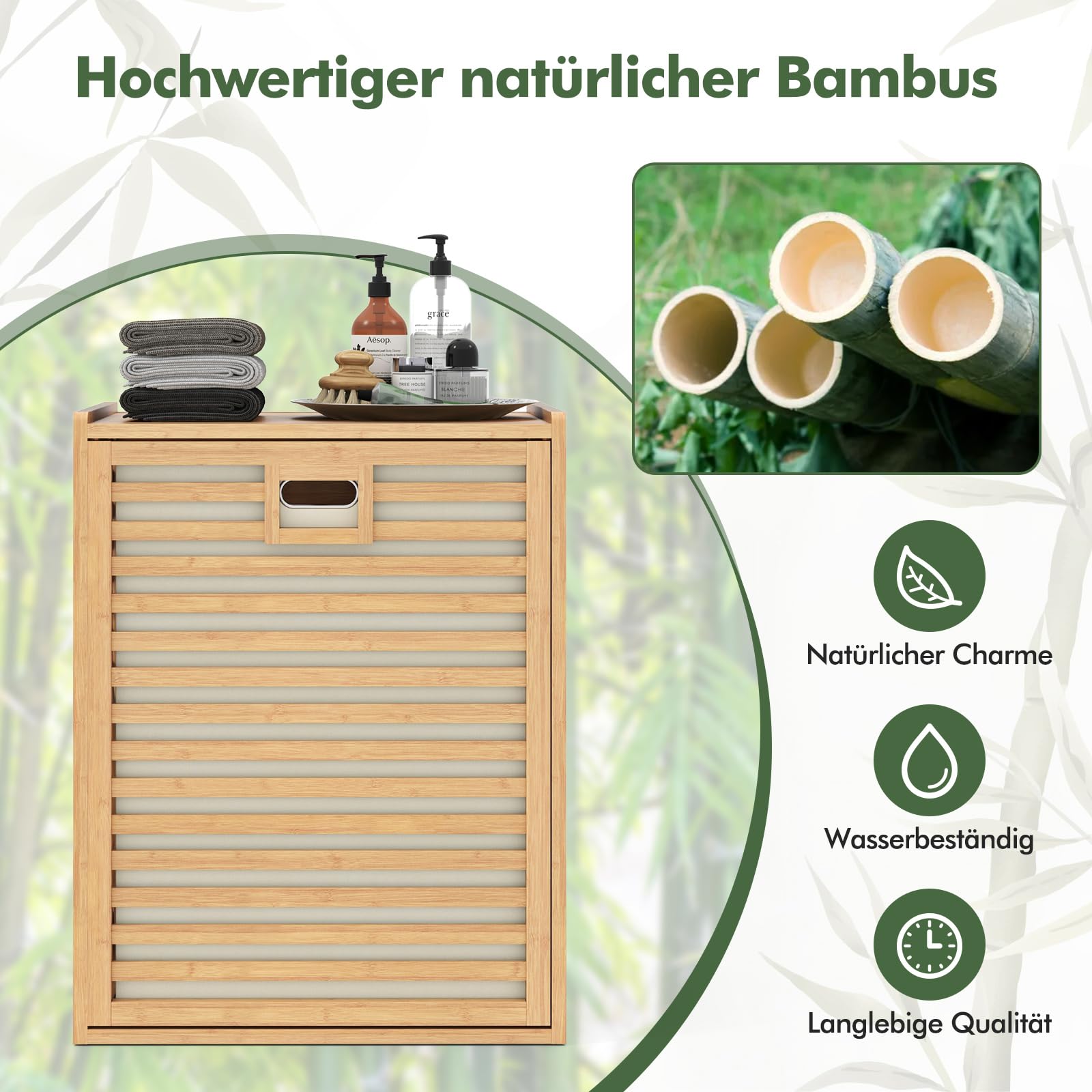 COSTWAY Badregal mit Wäschekorb, 68 L, Regal aus Bambus, Badschrank mit Ablage & Ausklappbarem und klappbarem Korb aus Stoff, Wäschesammler für Badezimmer, Waschküche, Natur, 50 x 35 x 64 cm