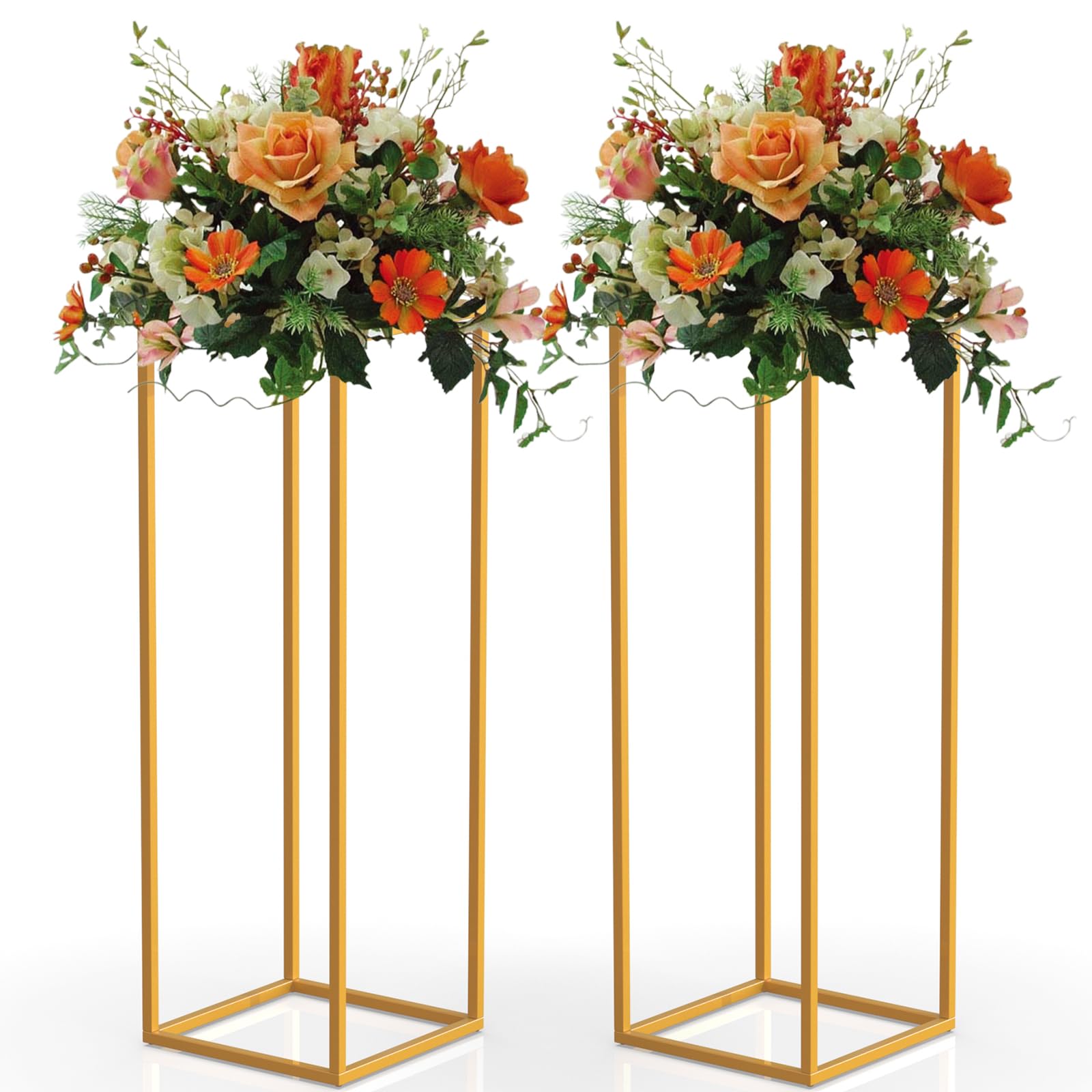 Wedding Centerpieces Vase, 2 Pcs 35.6 Inch Tall Centerpieces for Table Metal Flower Stand, Gold Wedding Flower Stand, Column Flower Stand for Home Party Wedding Decor Geometric Flower Display Rack