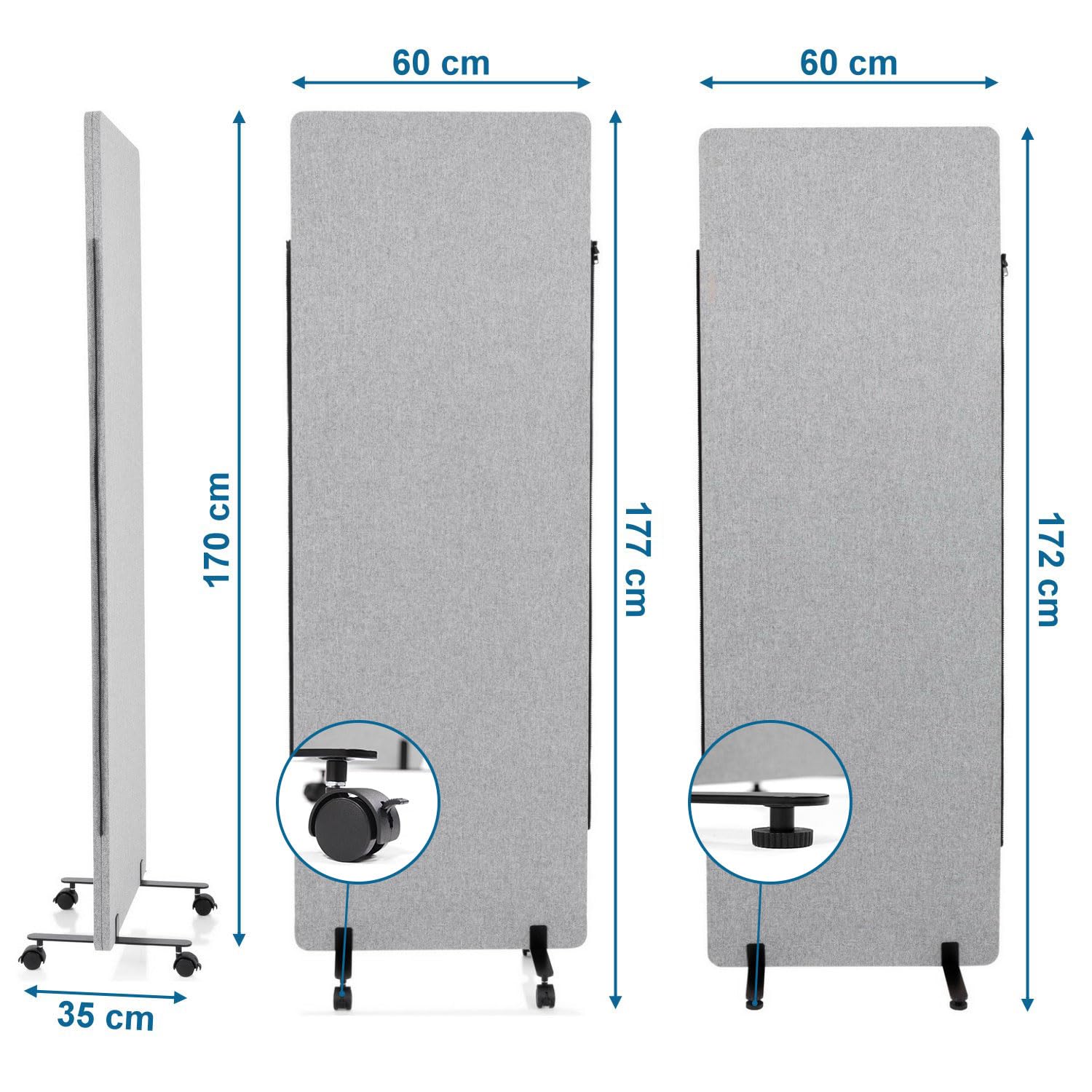 hjh OFFICE 891001 Cloison de Séparation Acoustique Mobiles FLEXMIUT 177 x 60 cm, Lot de 2, Paravent avec roulettes et Patins, Tissu Gris Clair