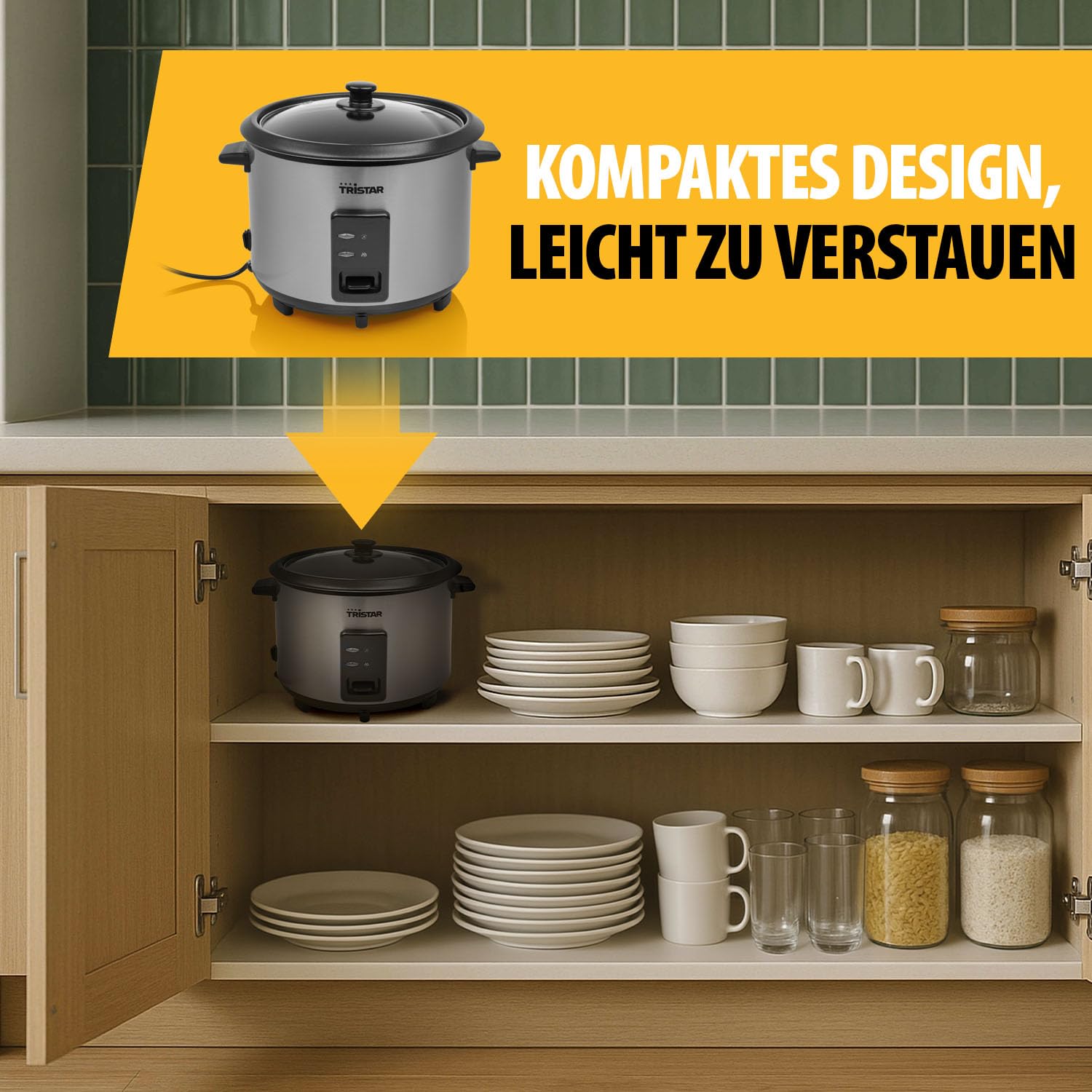 Tristar Reiskocher, 1,8 L Kapazität, Edelstahlgehäuse mit Glasdeckel, Antihaft-Innentopf, Automatische Abschaltung und Warmhaltefunktion, 700 W, RK-6148