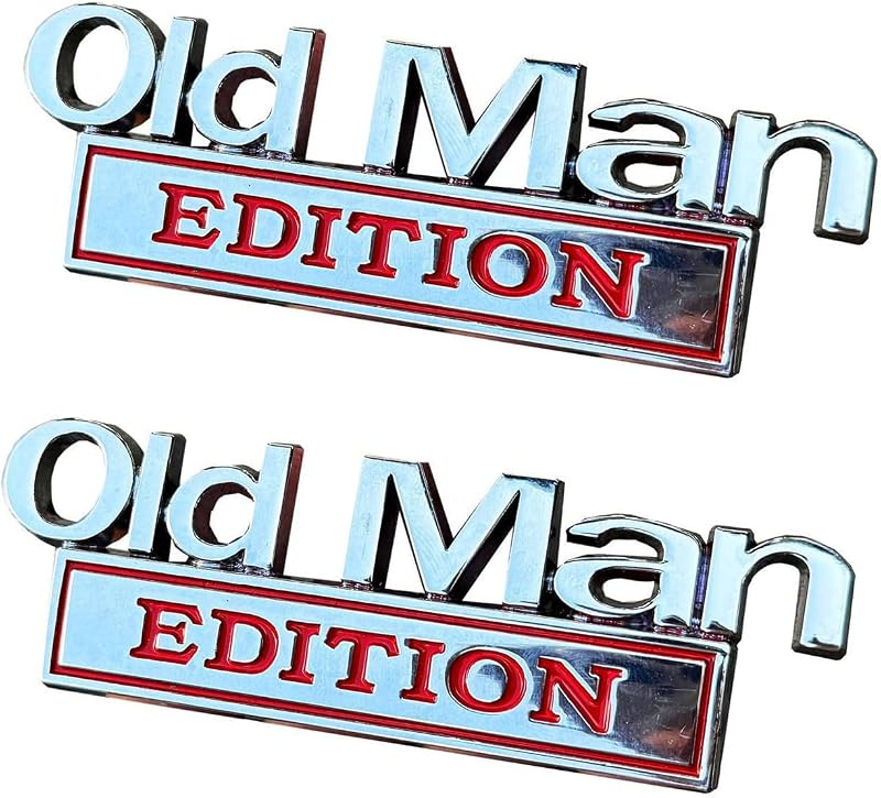 2 Pack Old Man Edition 3D Metal Car Emblem - Vintage Zinc Alloy Auto Badge, Universal Fit for Truck, SUV, Fender, Tailgate, Bumper (Silver and Red)