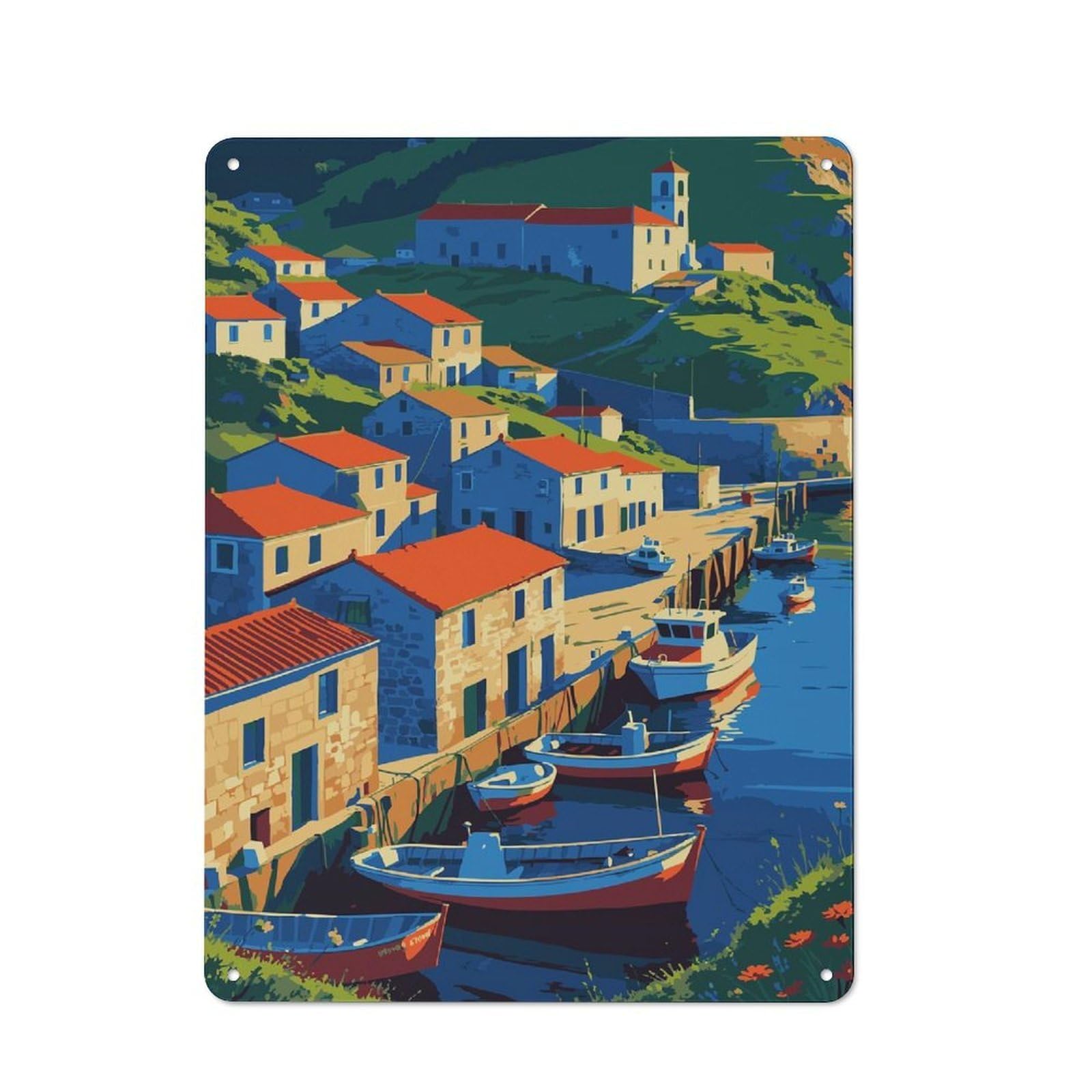 Junmoney Style-12 Coastal Village With Boats And Red Roofs Vintage Metal Sign 40X30cm, Vintage Bistro Wall Plaque For Coffee Bar, Small Shop Or Dining Room