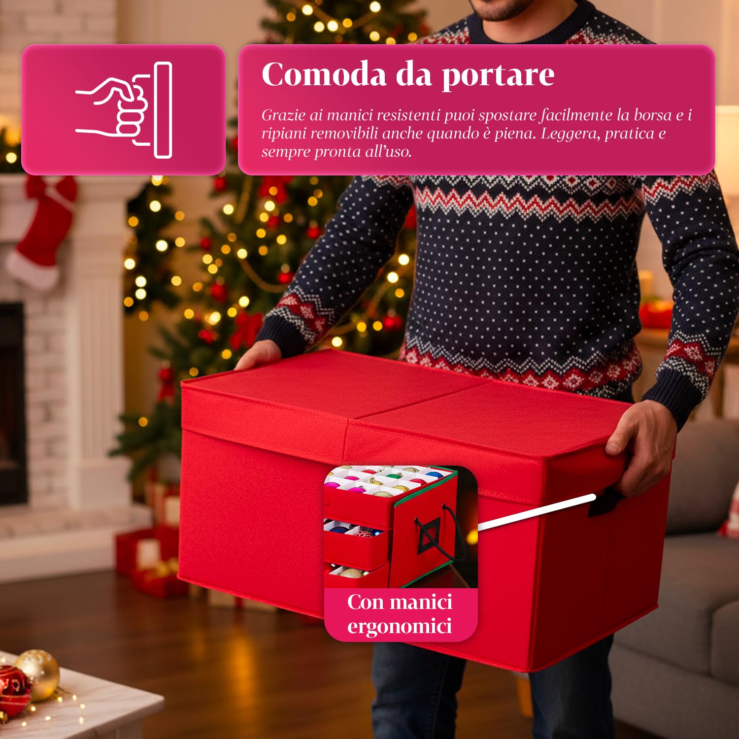 Avilia – Scatola Porta Addobbi di Natale con 3 Cassetti Estraibili per 72 Palline di Natale, Struttura Rigida in TNT 51x35x24 cm, Zip Robusta e Etichetta Trasparente per Conservazione Ordinata