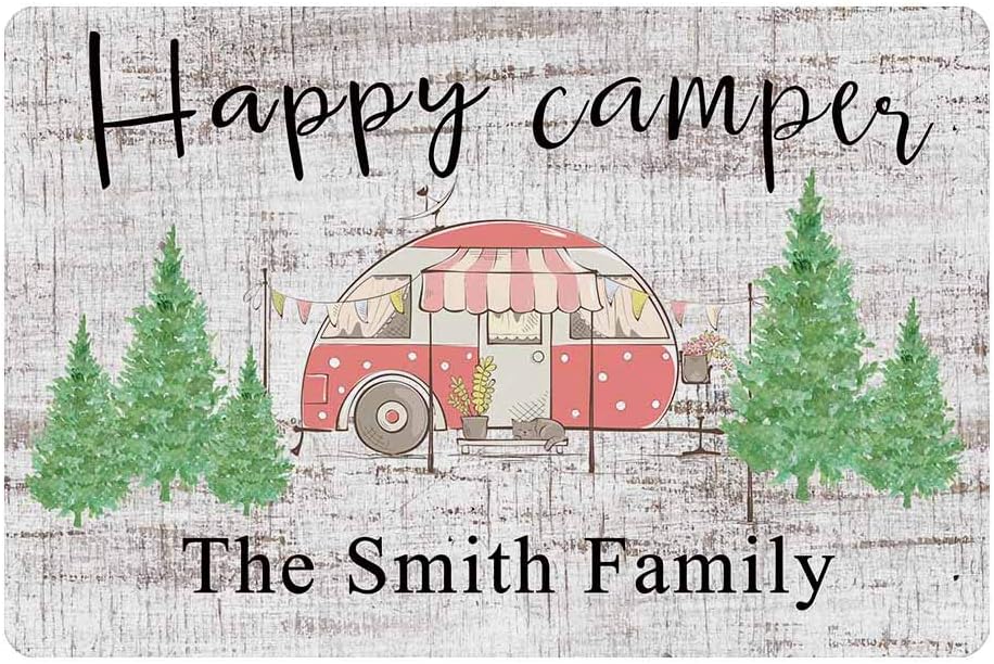 InterestPrint Personalized Happy Camping Dining Car on Old Rustic Wood Camper Doormat, Design Welcome Camper Rv Door Mat Area Rug Decor for Happy Camping 24" X 16"
