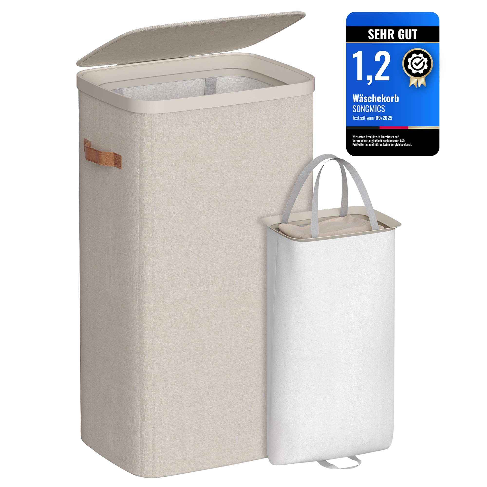 SONGMICS Wäschekorb, 100 L Wäschesammler, Wäschetonne, leichter Aufbau, mit Deckel und Griffen, herausnehmbarer Wäschesack, 42 x 32 x 75 cm, cappuccinobeige LCB811LH01