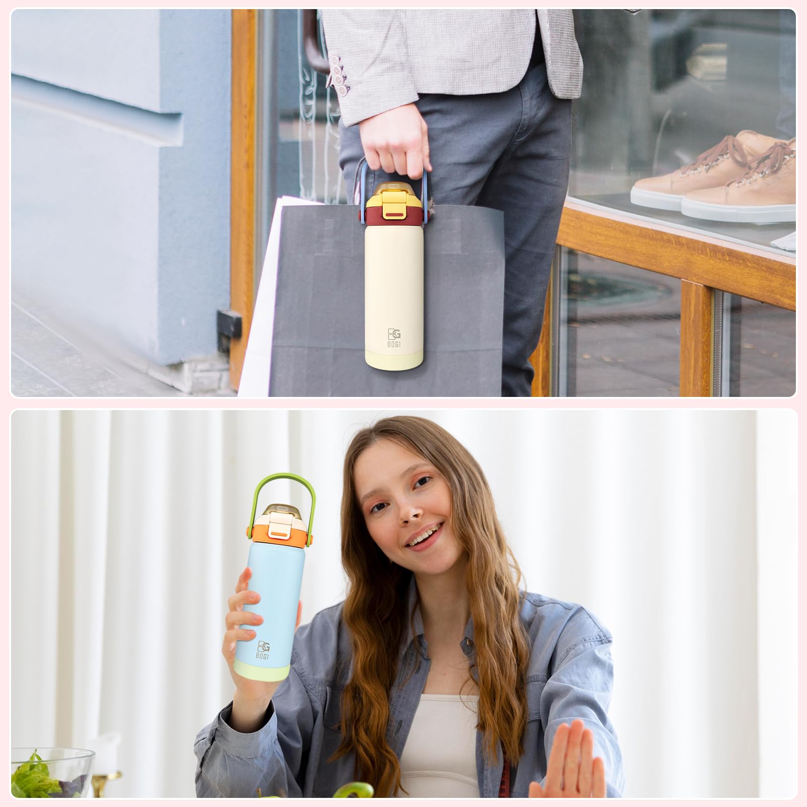 BOGI Metall-Wasserflasche mit Strohhalm, 720 ml, Edelstahl-Wasserflasche für Sport, Reisen, Fitnessstudio, auslaufsicher, isolierte Wasserflasche mit 2-in-1-Duo-Deckel, für Jungen und Mädchen, 2
