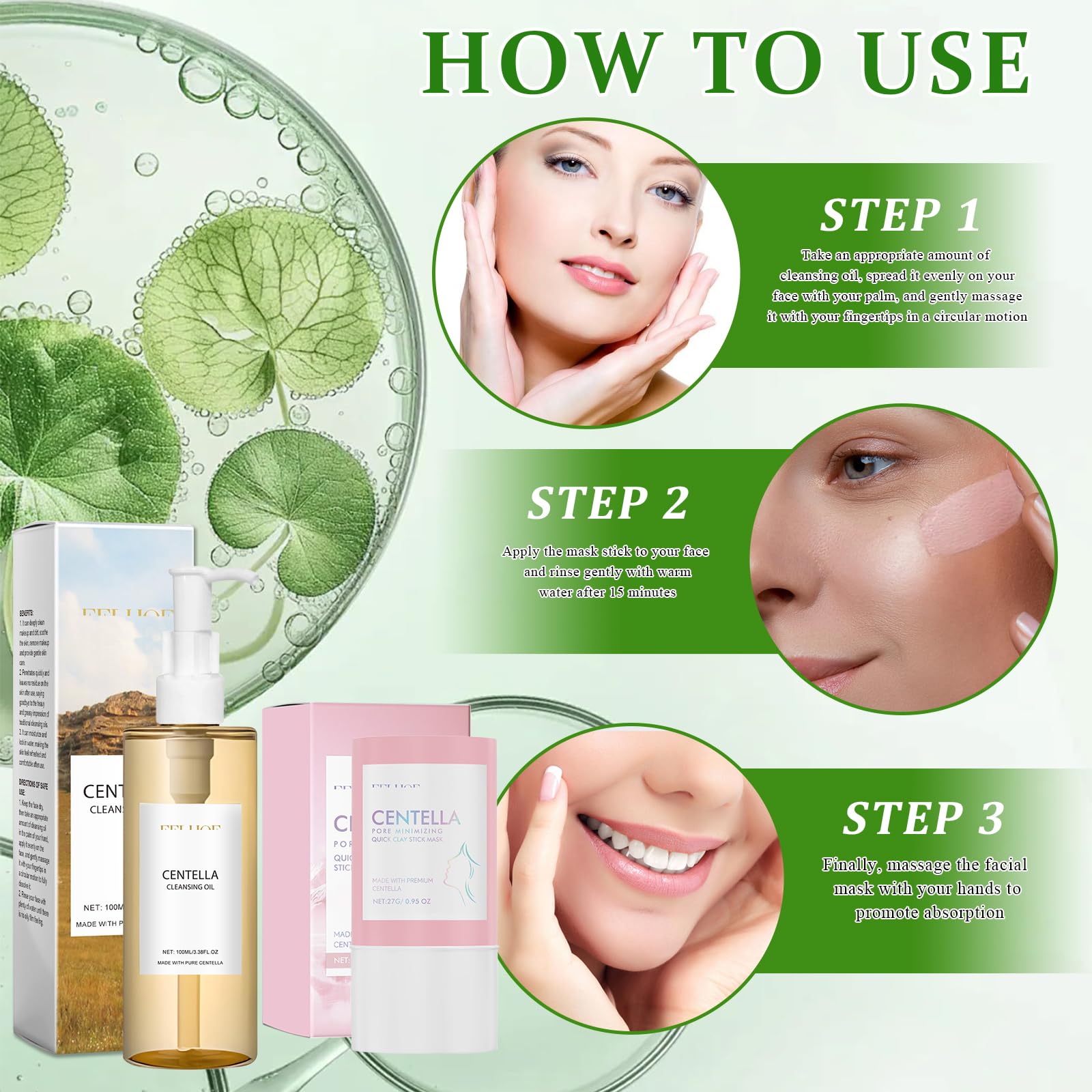 2 Pezzi Centella Kit, Centella Cleansing Oil + Centella Stick Mask, Cleansing Oil, Olio Detergente Viso, Deterge Delicatamente in Profondità e Restringe i Pori