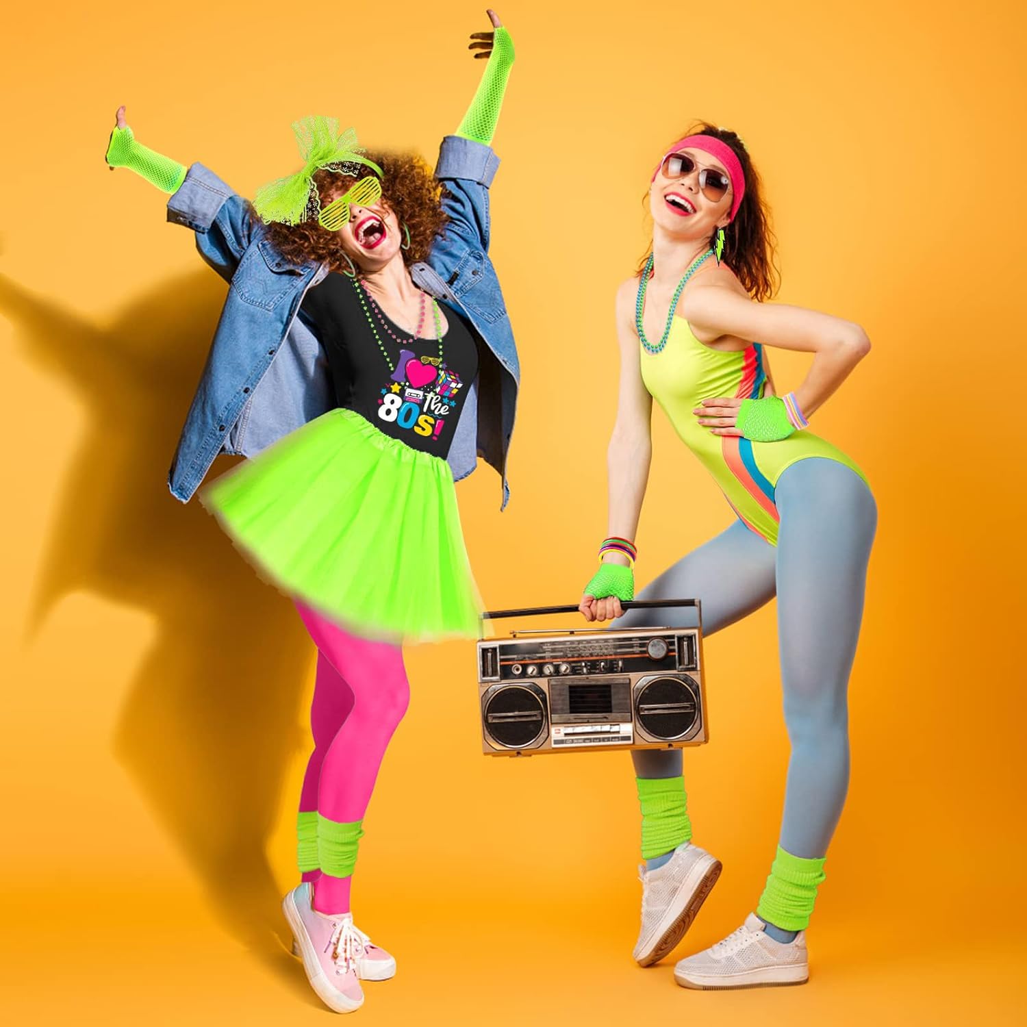 80s Outfit Women Costume Accessories Set T Shirt Shorts Tutu Skirt Neno Party Leg Warmers Headband - Image 2