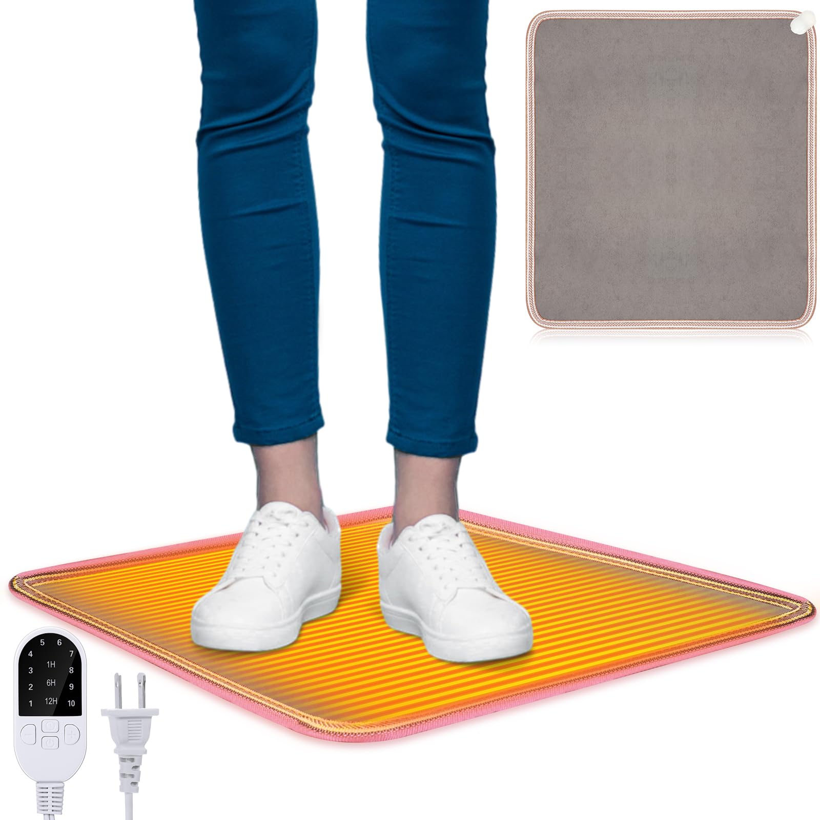 VIHOSE PVC 110V Heated Floor Mat Heater for Foot Carbon Crystal Wood Stripe Electric Heating Pad Energy Saving Foot Warmer Under Desk Indoor Space Heated Rug for Home Office (Gray,22 x 20 Inch)