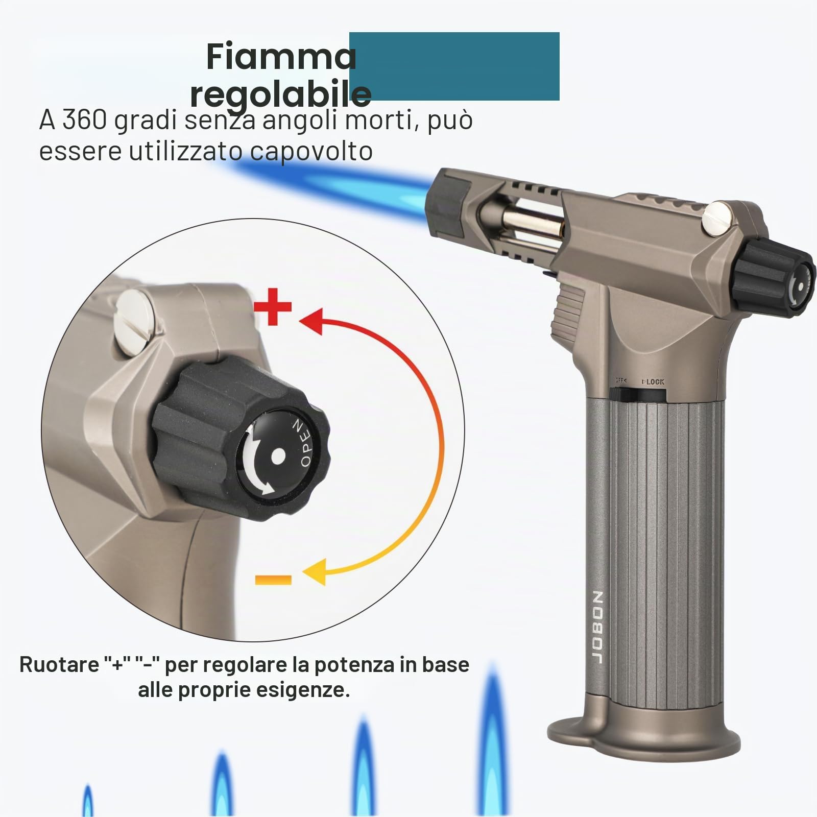 Tutto in metallo, bruciatore professionale da cucina con blocco di sicurezza, fiamma multiuso ricaricabile regolabile, per barbecue all'aperto, cottura
