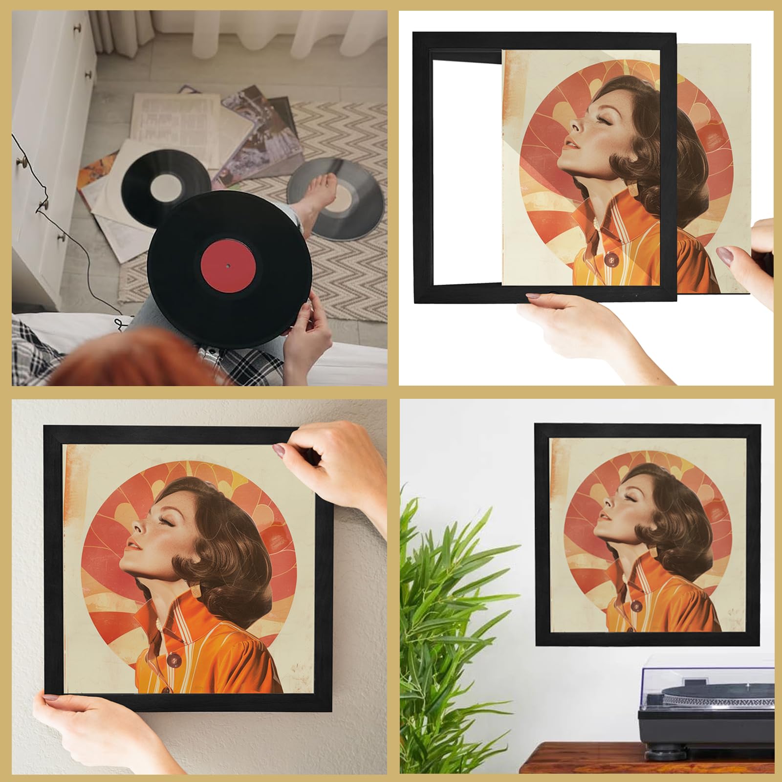 2 cornici per dischi in vinile - Cornice per album in legno nero massiccio per dischi in vinile, 32,6 x 32,6 x 4,1 cm, con copertura in acrilico trasparente, perfetta per copertine LP e