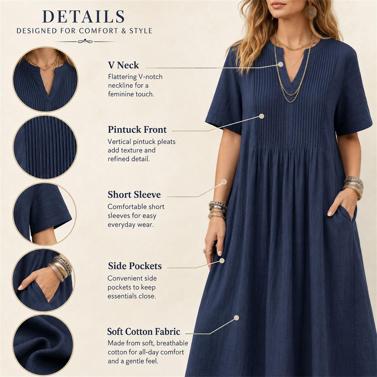 Maxi abito estivo da donna in cotone, scollo a V, maniche corte, con tasche | Maxi abito in cotone con scollo a V, maniche corte, arricciatura frontale e tasche, per l'estate, il tempo libero, le vacanze