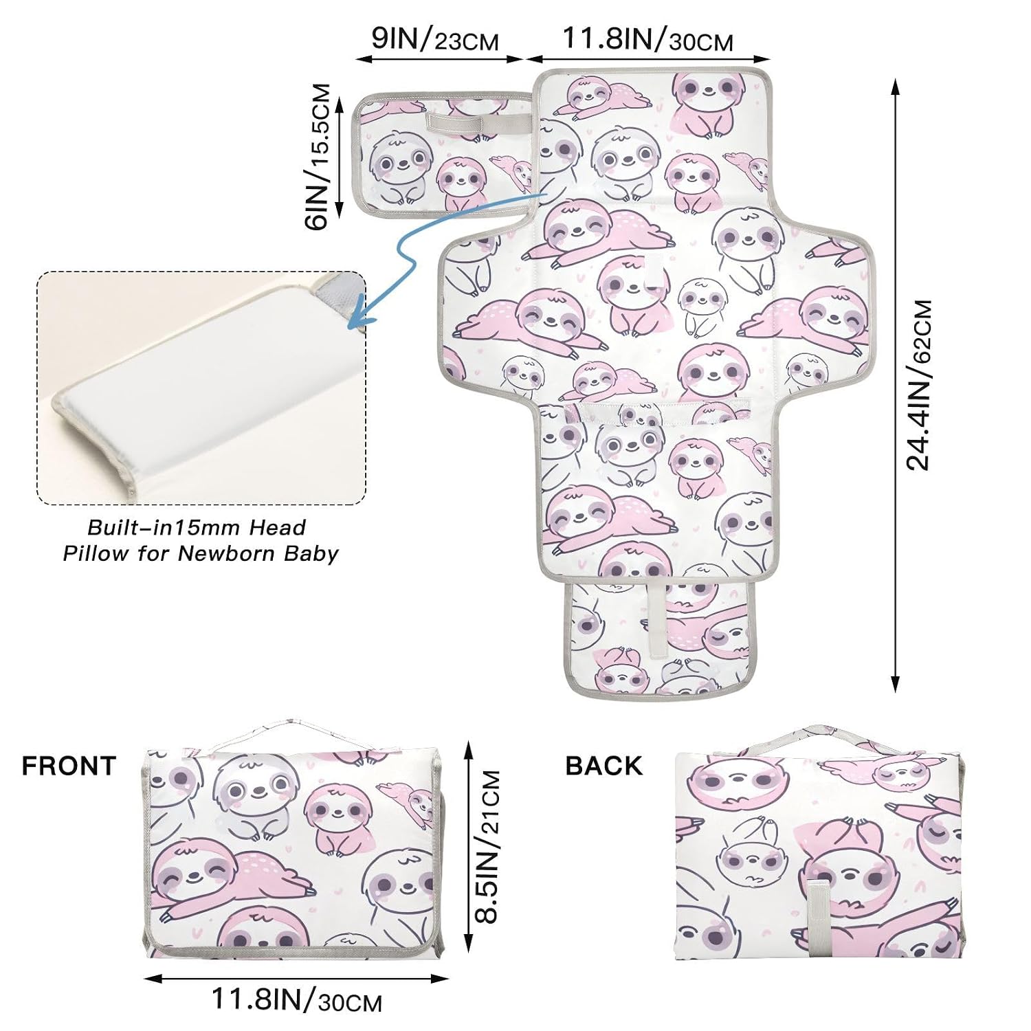 Cute Sloths Cartoon White Portable Diaper Changing Pad image 4