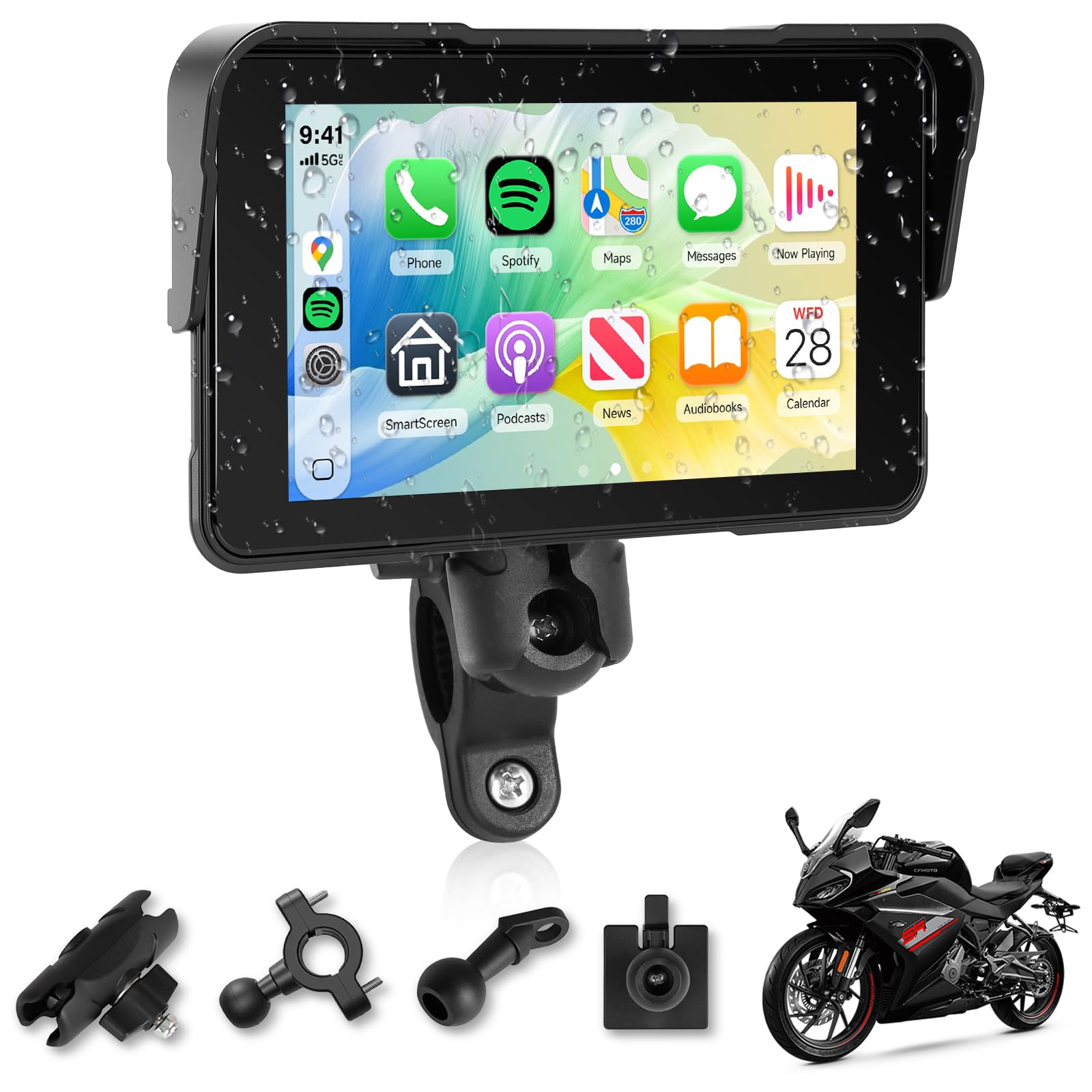 Rimoody Navegador Moto 5 Pulgadas con CarPlay y Android Auto Inalámbrico - GPS para Moto Impermeable IP68, Pantalla Táctil 5'', Montaje Universal, Detección de Presión de Neumáticos 12 V