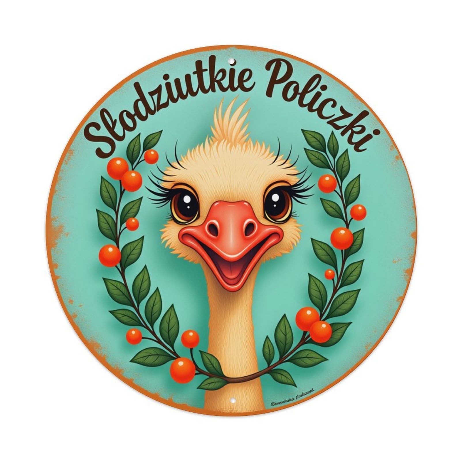 Cute Ostrich With Berries And Leaves Round Tin Sign Vintage Style Metal Sign Home Bar Garden Wall Plaque Decor Metal Poster 8x8 Inch