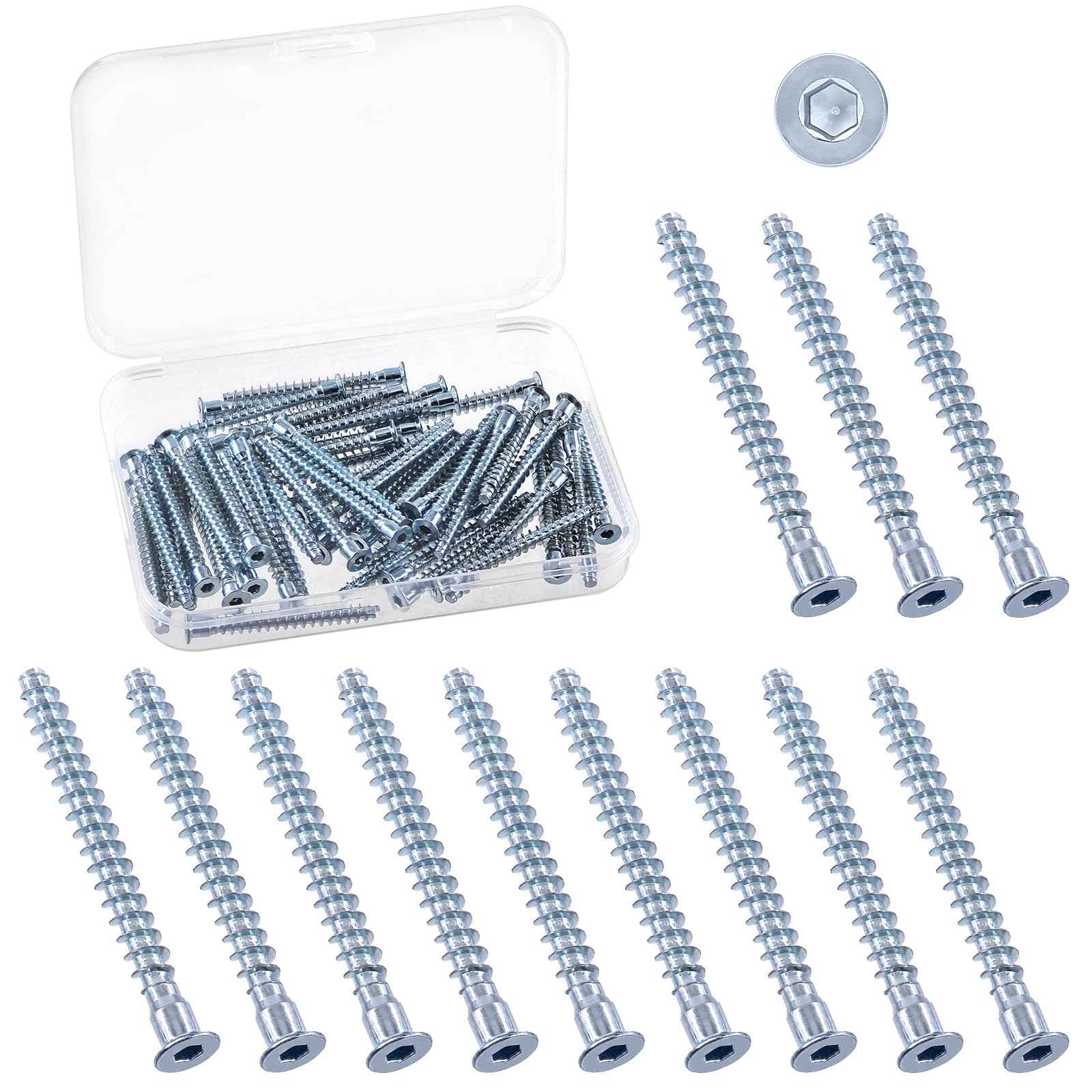 Swpeet 50Pcs M5 x 50mm Blue-white Zinc Plated Carbon Steel Confirmat Screws Assortment Kit, Hex Socket Drive Countersunk Self-Tapping Furniture Connecting Screw for Assembly and Mounting