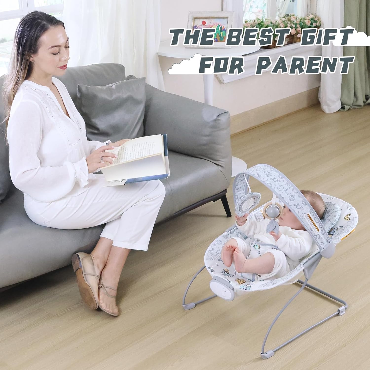 Portable Baby Bouncer Seat with 8 Melodies, 3 Vibration Levels & Adjustable Volume, Foldable Infant Bouncer Rocker with Safety Harness for Baby 0-6 Months, Indoor & Outdoor Use BR2403