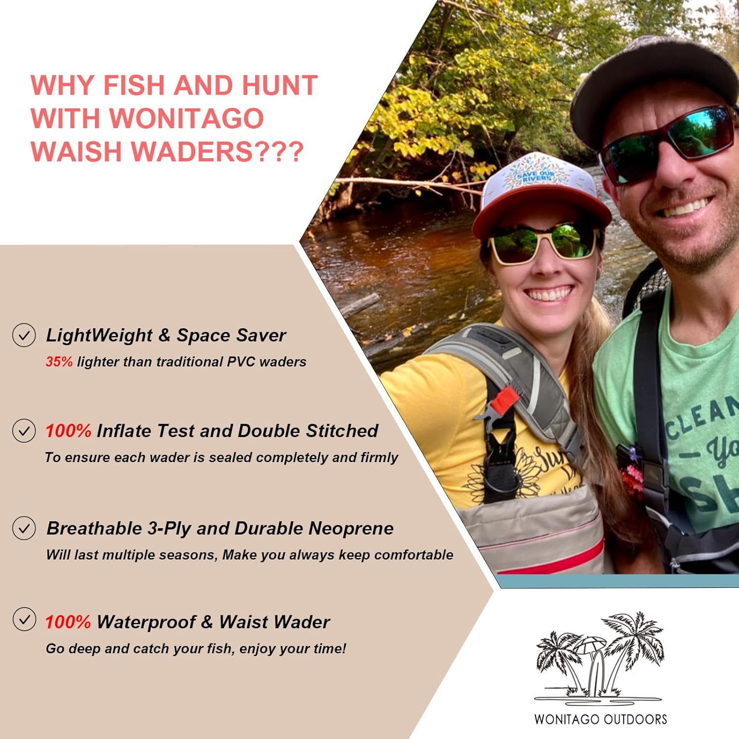 Waist Chest Waders, 3 Ply Breathable Waterproof Waist Wading Pants with Pockets and Stocking Boots - Image 4