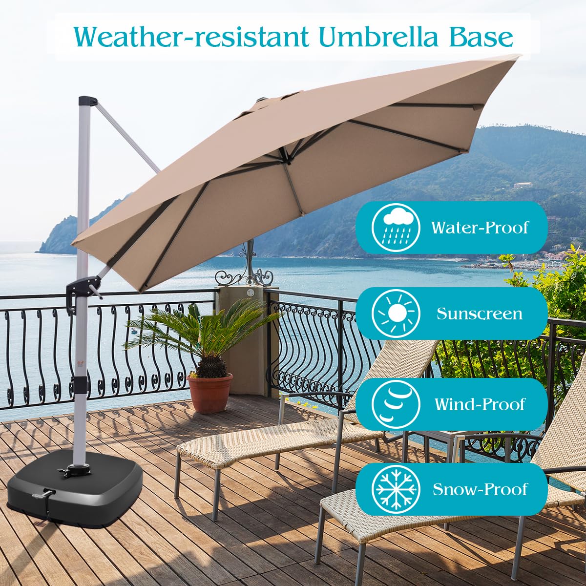 KOMFOTTEU Stojak na parasol z kółkami, stojak na parasol, obciążenie 100-150 kg, wypełnienie wodą i piaskiem, podstawa parasola, 89 x 89 x 20 cm, czarna, do ogrodu, na taras, podwórze