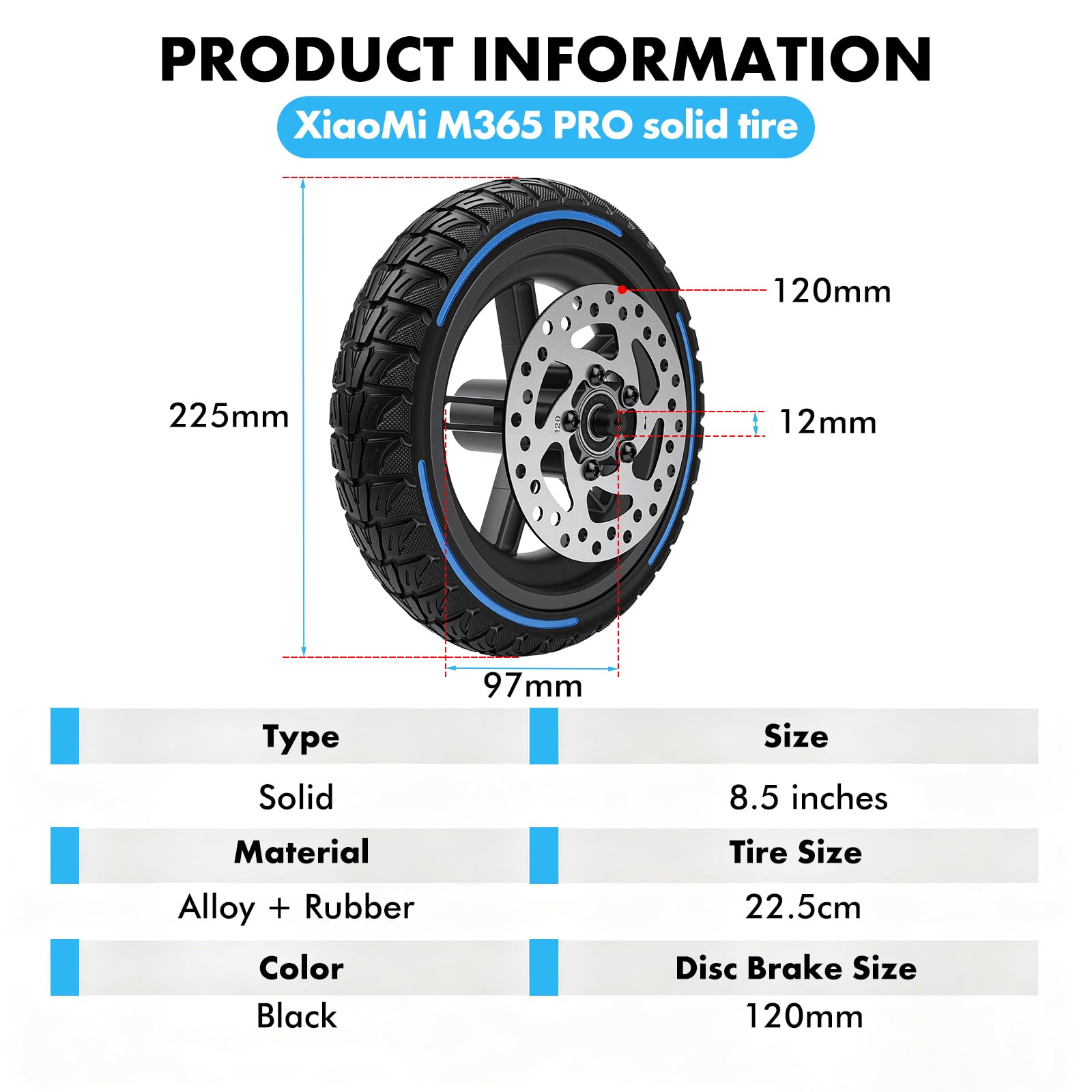 BuyWeek Roue arrière de trottinette électrique en caoutchouc plein avec frein à disque de 120 mm pour Xiaomi M365 PRO, anti-explosion, résistant à la pression, amortisseur de chocs