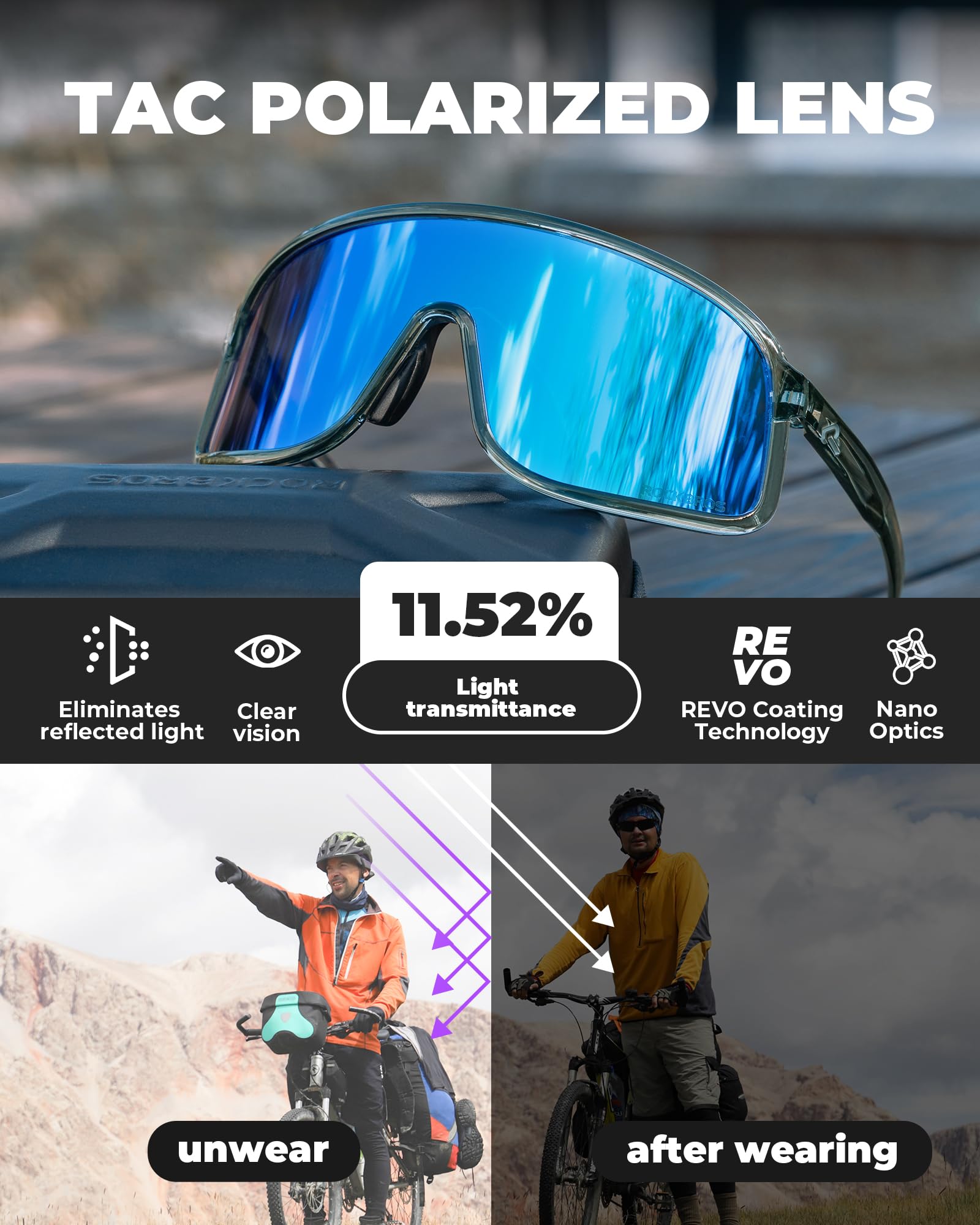 ROCKBROS Occhiali Polarizzati Uomo Donna, Occhiali da Sole Ciclismo Sportivi Protezione UV400 Antivento, Adatto per Bici Corsa MTB Pesca Guida Running